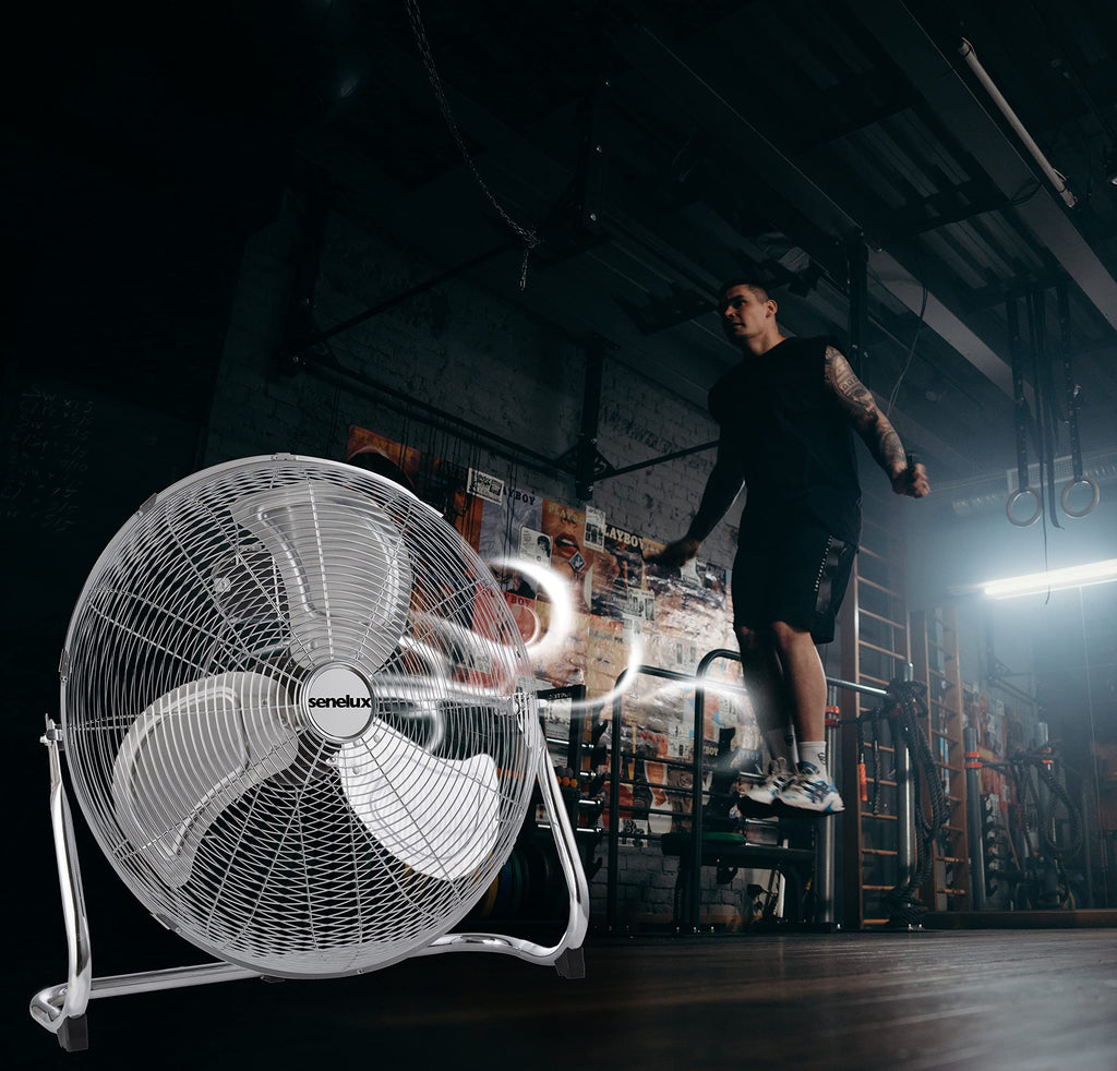 Senelux Bodenventilator - Chrome Gym Fan 30,5 cm Elektrischer tragbarer Lüfter für Zuhause/Fitnessstudio/Büro - 3 Geschwindigkeitsstufen mit Neigungsfunktion