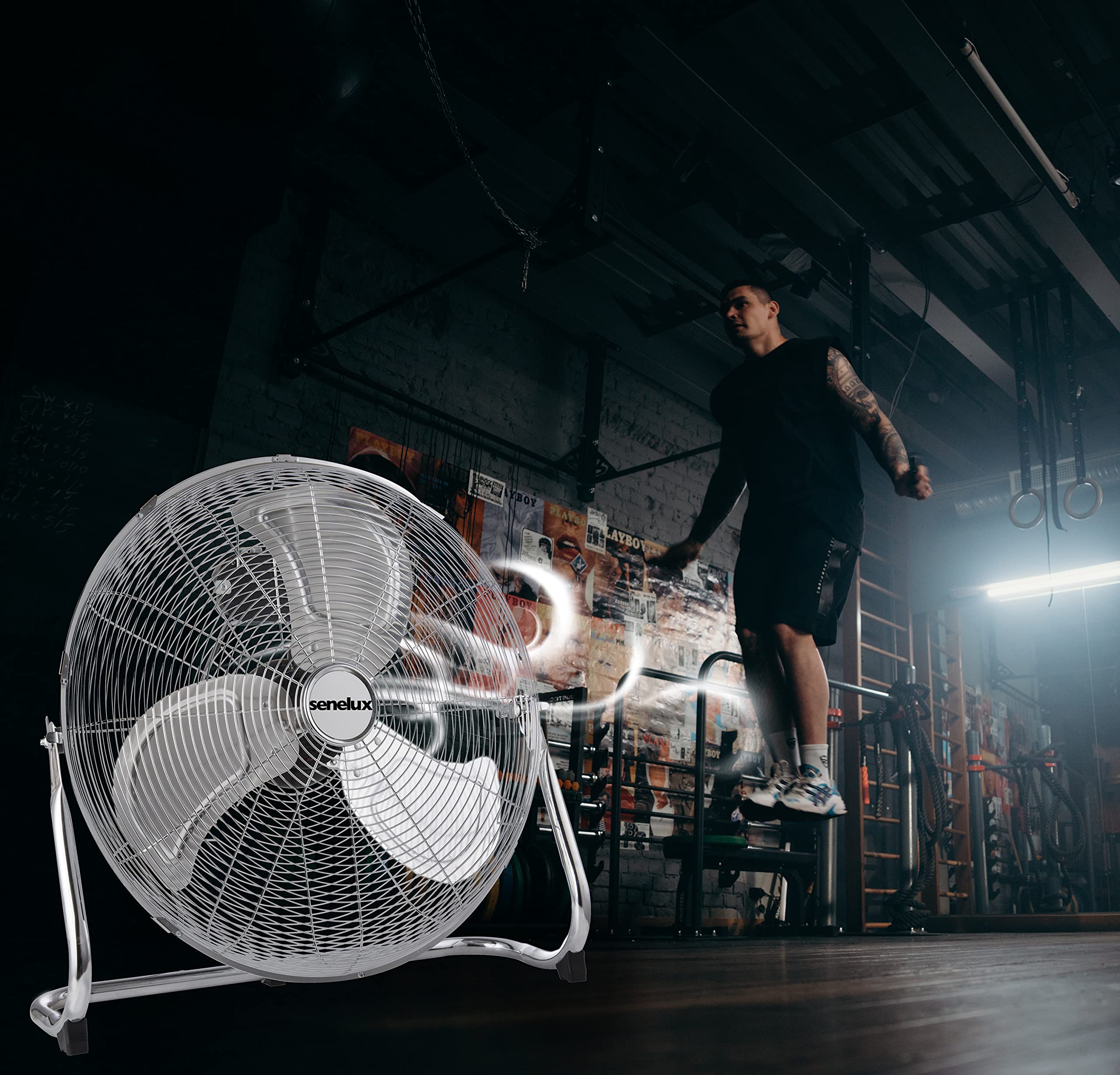 Senelux Bodenventilator - Chrome Gym Fan 30,5 cm Elektrischer tragbarer Lüfter für Zuhause/Fitnessstudio/Büro - 3 Geschwindigkeitsstufen mit Neigungsfunktion