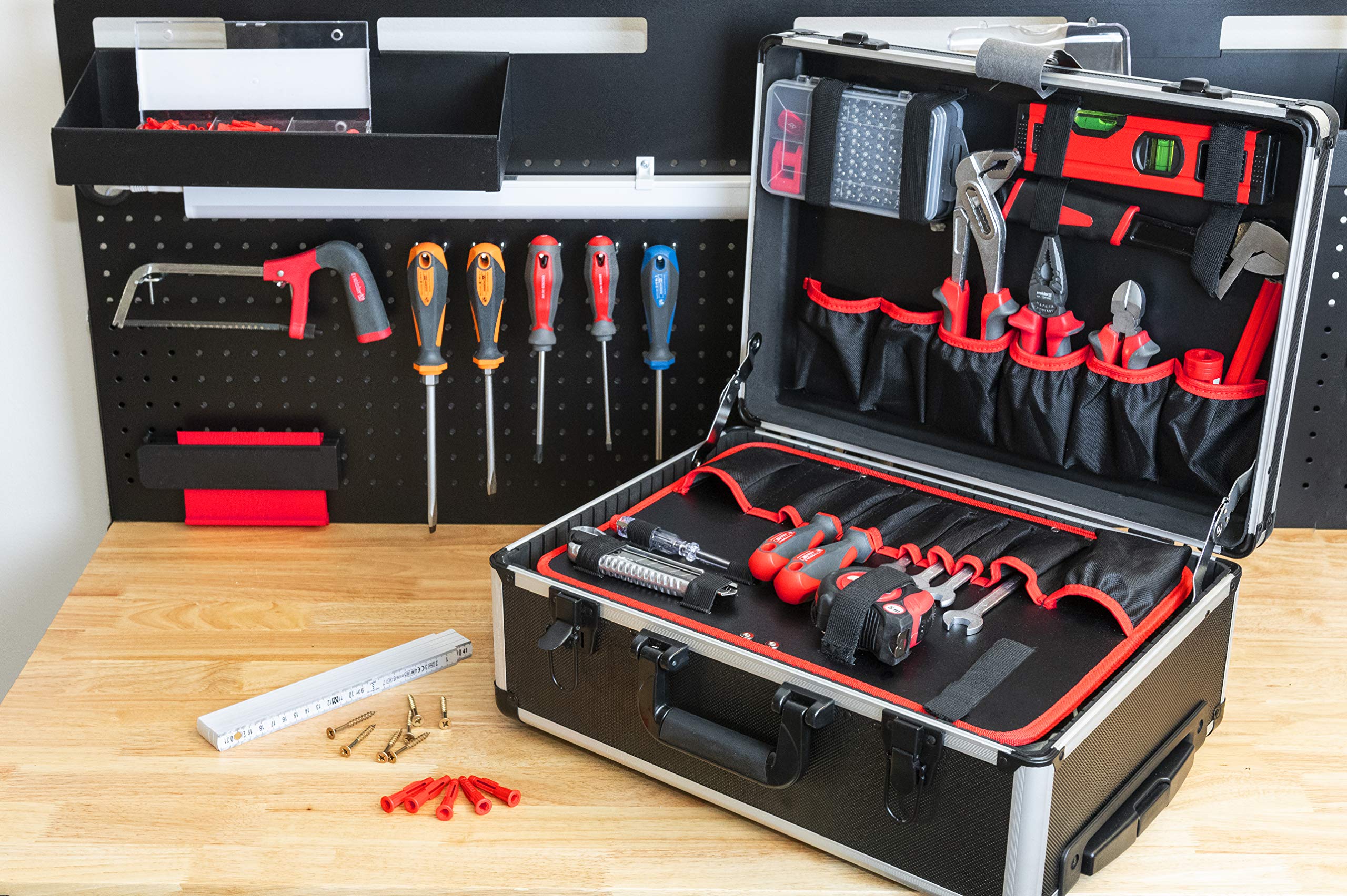 Meister Werkzeugtrolley leer - 460 x 350 x 190 mm - Mit Rollen - Individuelle Fachaufteilung - 15 Werkzeugtaschen - Mit Gummibändern - 15 kg Tragkraft - Stabiler Alu-Koffer / Werkzeugkiste / 9095080