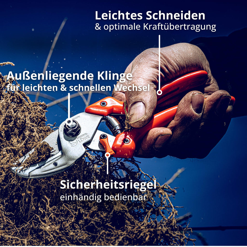 Original LÖWE 8 Profi Amboss Gartenschere 8.107 mit Bypass Geometrie - scharfe handliche Schere mit Stahl-Klinge Antihaftbeschichtung und ergonomisch geformte Griffe für Schneidarbeiten im Garten