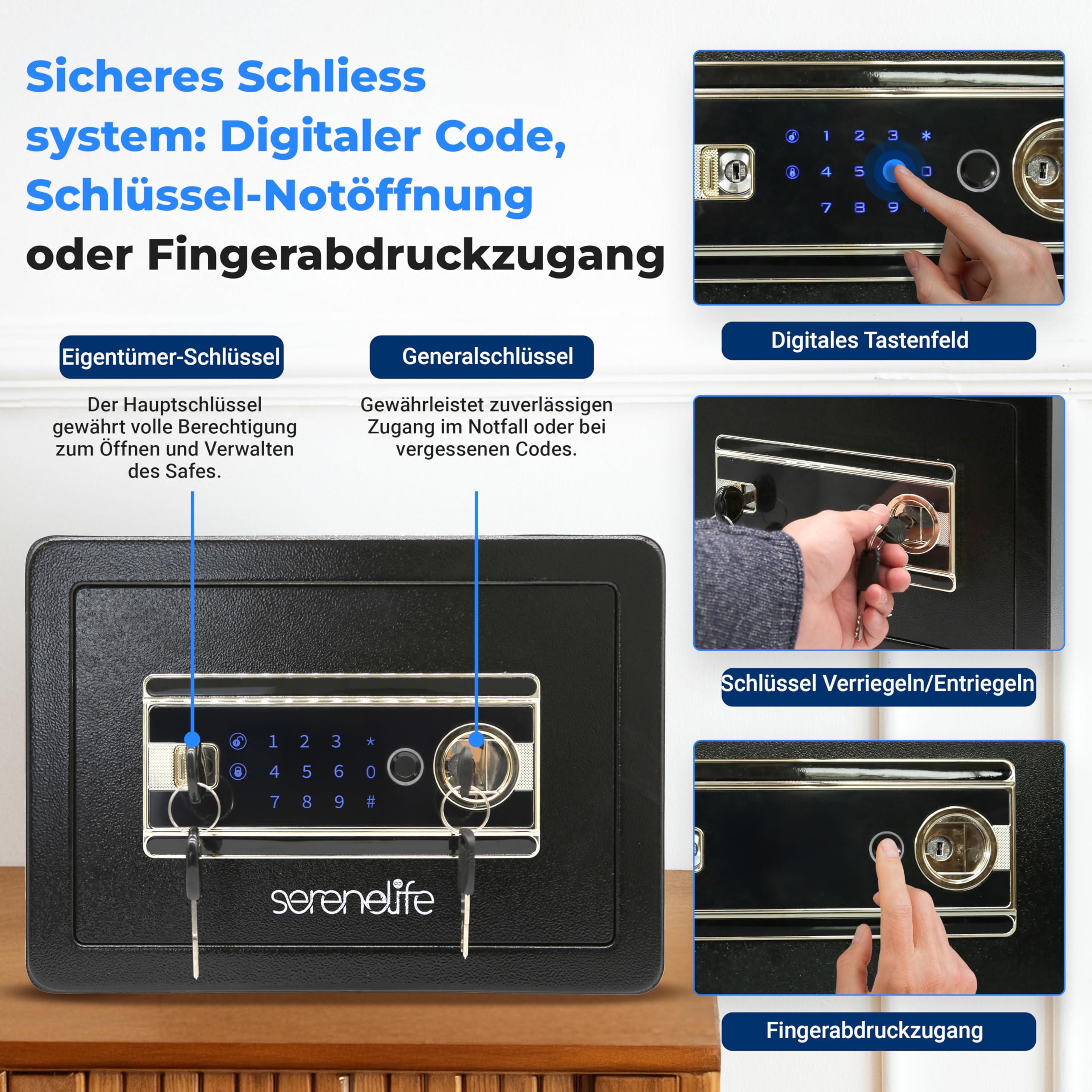 SereneLife 18L Tresor, Safe Für Zuhause Feuerfest & Wasserdicht, Digitaler Heimtresor mit Zugriff per Fingerabdruck, Möbeltresor mit Code & Schlüsseln, Safe Box für Wertsachen, Bargeld, Schmuck, Gold
