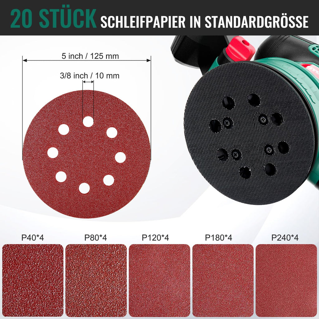 HYCHIKA 450W Exzenterschleifer 125mm, 6 Geschwindigkeiten 6000-12000OPM, effizientes Staubauffangsystem, mit 20PCS 8-Loch Schleifpapier, ideal zum Schleifen von Metall, Holz etc