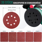 HYCHIKA 450W Exzenterschleifer 125mm, 6 Geschwindigkeiten 6000-12000OPM, effizientes Staubauffangsystem, mit 20PCS 8-Loch Schleifpapier, ideal zum Schleifen von Metall, Holz etc