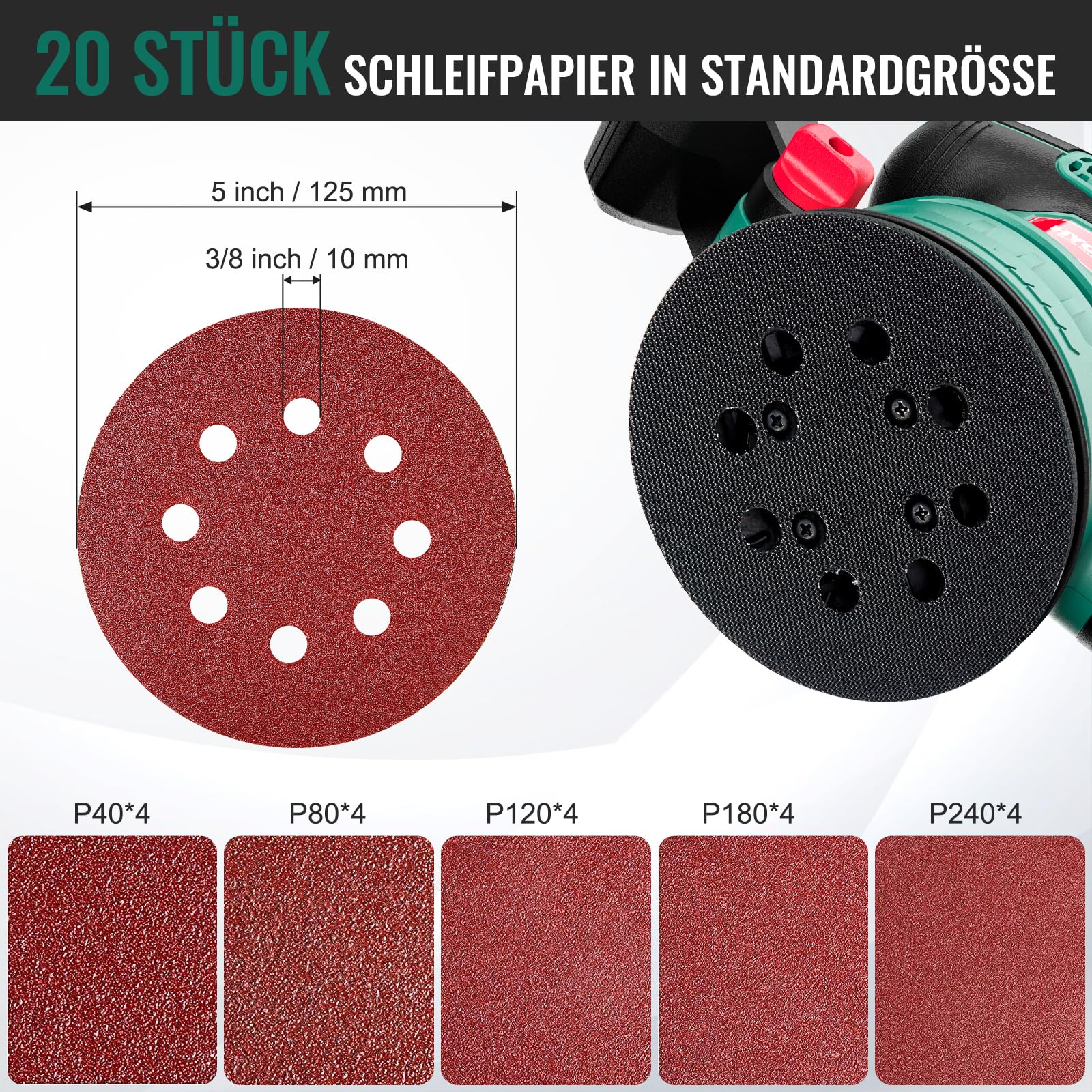 HYCHIKA 450W Exzenterschleifer 125mm, 6 Geschwindigkeiten 6000-12000OPM, effizientes Staubauffangsystem, mit 20PCS 8-Loch Schleifpapier, ideal zum Schleifen von Metall, Holz etc