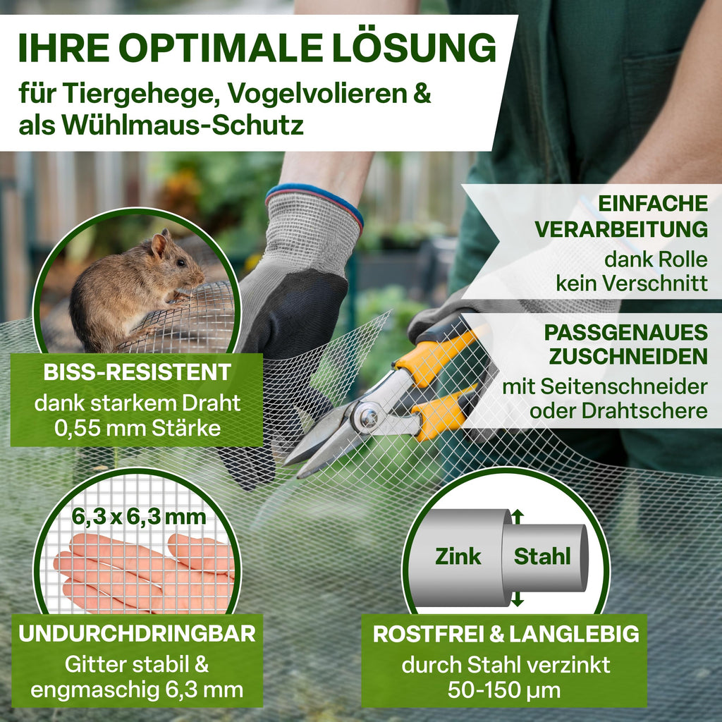TTL GARDEN 1m x 10m Drahtgitter feinmaschig rostfrei verzinkt 6,3mm Masche 0,55 mm Draht Stärke - auf Rolle Maschendraht Volierendraht Hasendraht Wühlmausgitter 10m x 1m breit 6,3 mm Maschenweite