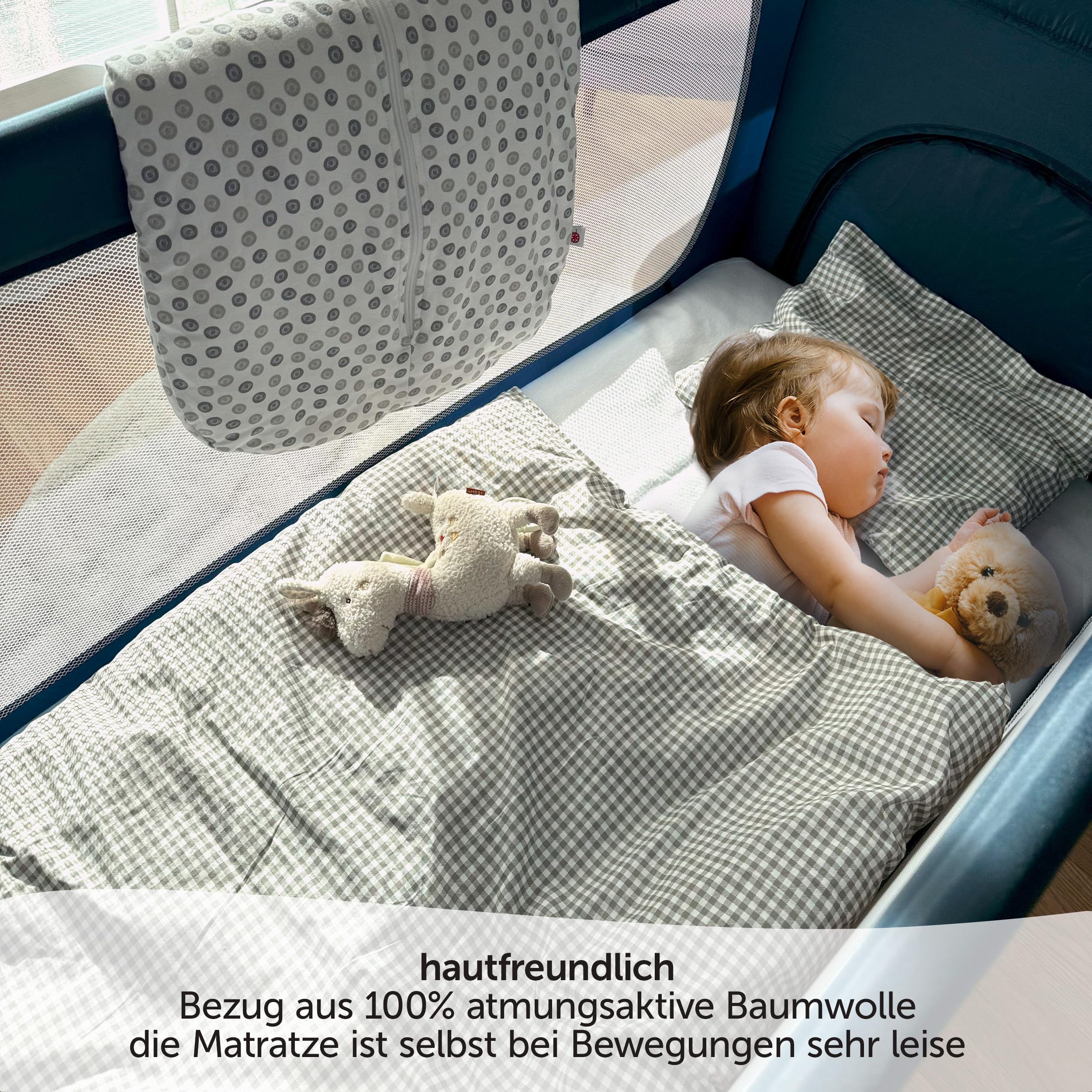 Alvi Reisebettmatratze Komfort 60x120 cm/Höhe 6 cm - Matratze für Baby Reisebett mit Baumwollbezug und Tasche, atmungsaktiv, waschbar, schadstoffgeprüft, Plüsch