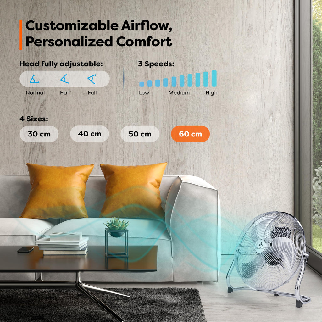 TRESKO AERSON Bodenventilator 60cm | Windmaschine mit 3-Leistungsstufen 200W | Standventilator Ventilator | hoher Luftdurchsatz | robuste Metallausführung | Neigungswinkel ca. 110 Grad