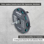 wolfcraft Lochsäge 5978000 – Verstellbarer Universal-Kreisschneider für den Akkuschrauber & die Bohrmaschine – Für Gipskartonplatten & Holz – Stufenlos einstellbar von ø 45-130mm