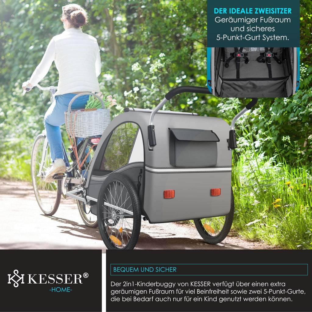 KESSER® Kinderfahrradanhänger Sport-RX 2in1 Jogger & Buggy 5-Punkt-Gurt Sicherheitsgurt 360° Vorderrad Kinderfahrradanhänger Reflektoren für 1-2 Kinder (max. 40 kg) Getränkehalter & Smartphonefach