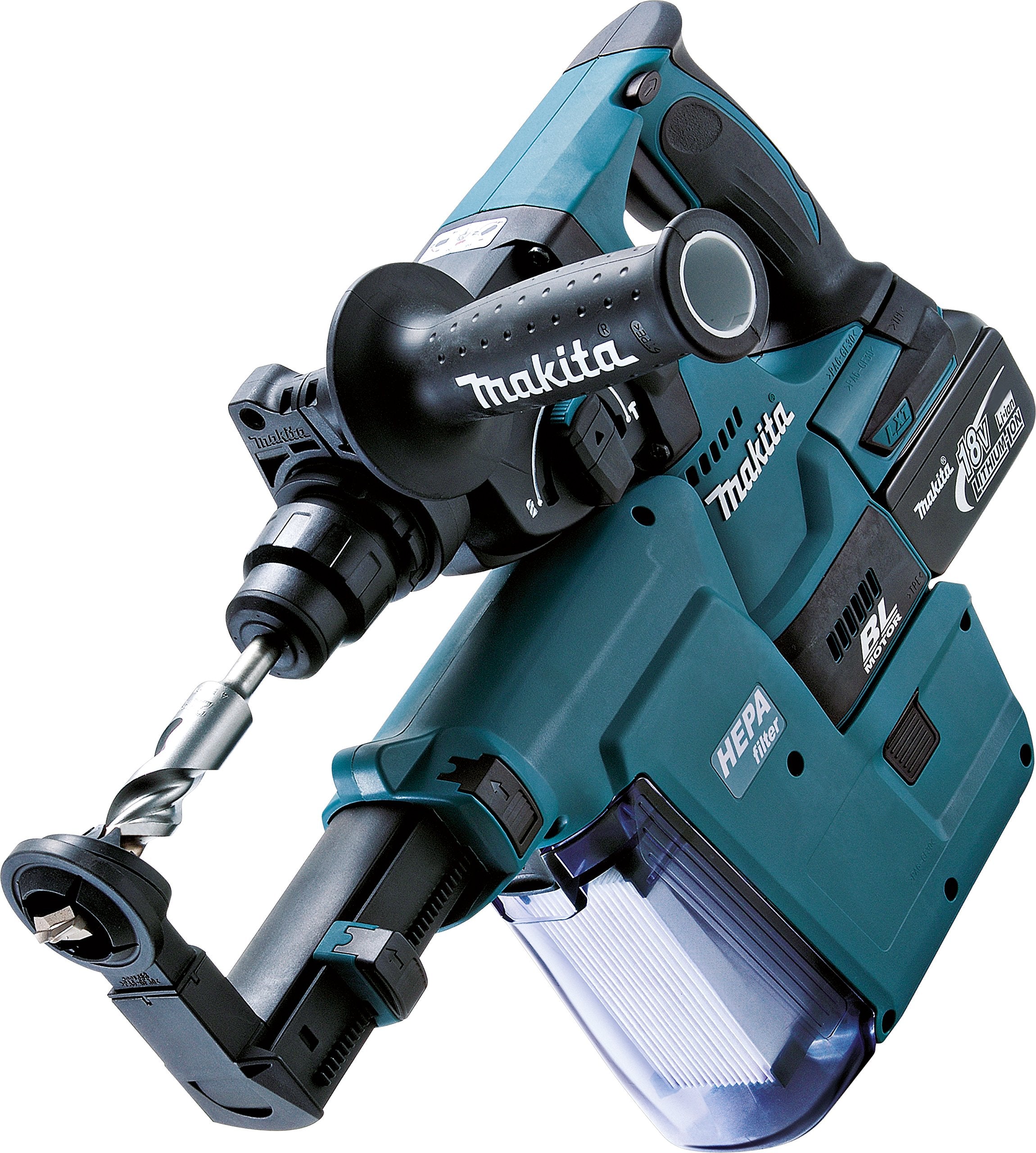 Makita Akku-Kombihammer für SDS Plus, ( 18 V/5, 0 Ah, im Makpac inklusiv 2 Akkus), DHR243RTJV, Blau, inkl. Staubabsaugung und 2x Akku 5,0 Ah
