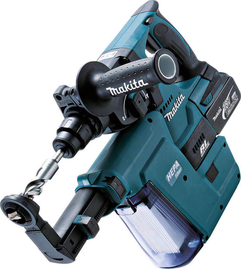 Makita Akku-Kombihammer für SDS Plus, ( 18 V/5, 0 Ah, im Makpac inklusiv 2 Akkus), DHR243RTJV, Blau, inkl. Staubabsaugung und 2x Akku 5,0 Ah