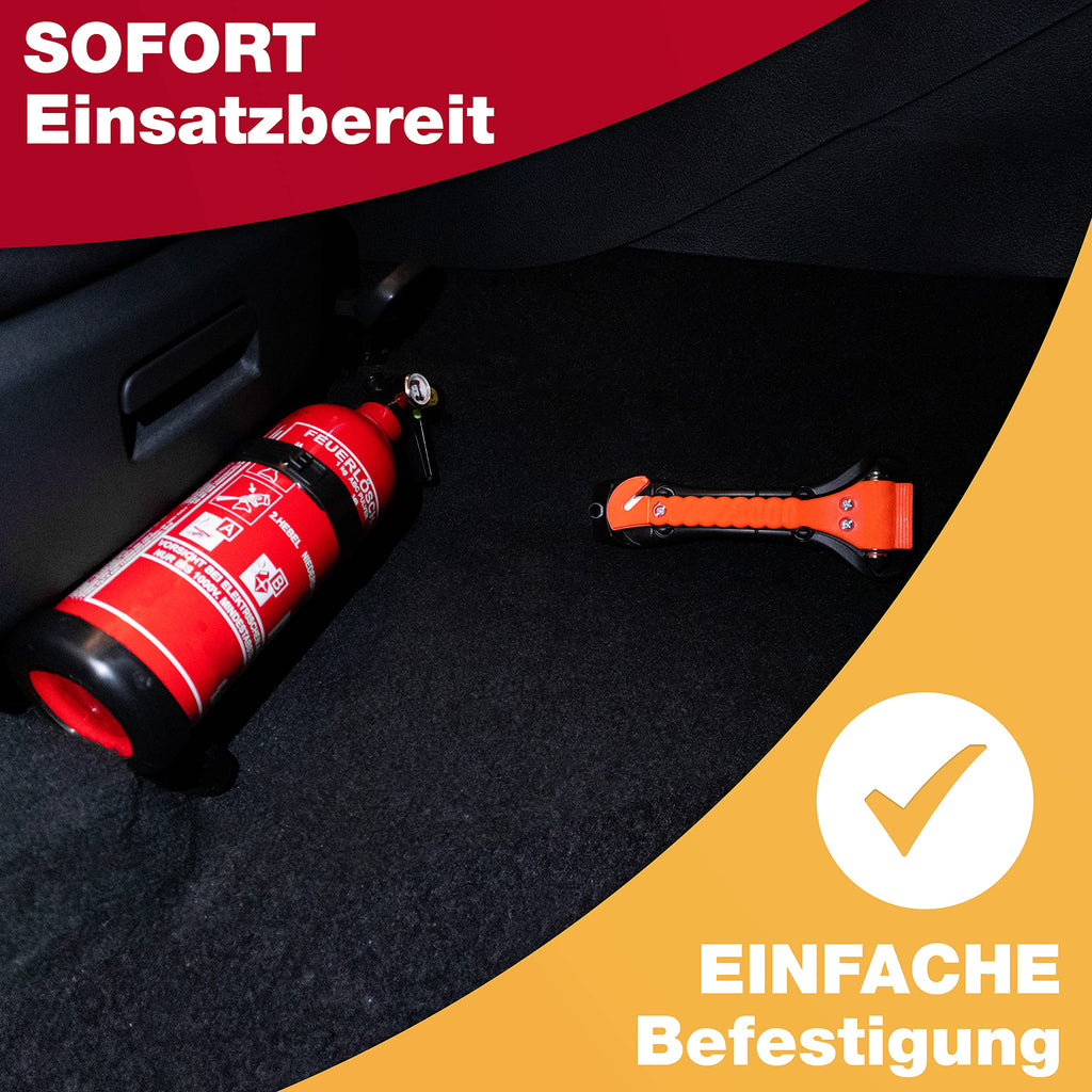 Feuerlöscher Auto 1kg + Nothammer Auto mit Gurtschneider [INKL. NOTFALLKARTE] - Strengste Qualitätssicherung - Notfallhammer, PKW Autofeuerlöscher, kfz, klein