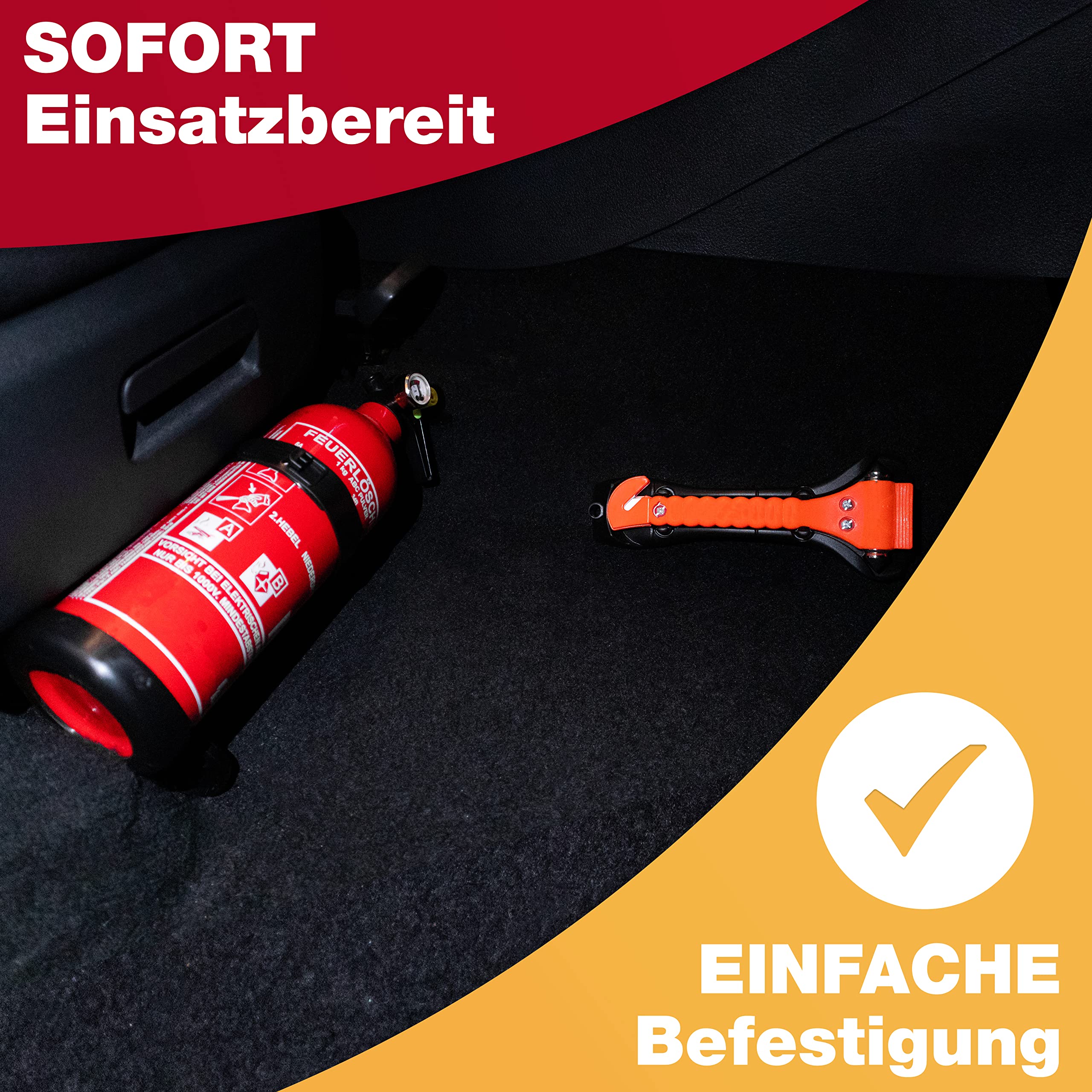 Feuerlöscher Auto 1kg + Nothammer Auto mit Gurtschneider [INKL. NOTFALLKARTE] - Strengste Qualitätssicherung - Notfallhammer, PKW Autofeuerlöscher, kfz, klein