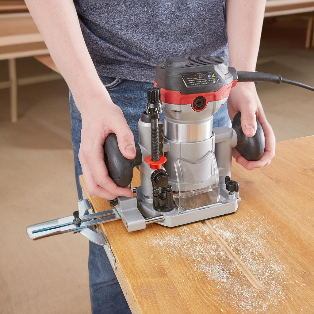 Arebos Oberfräse | Holz Fräse Fräsmaschine mit 6 Geschwindigkeitsstufen | 710W Spindelarretierung | Tauchbasis & Trimmer | Spannzange Ø 6 und 8 mm | mit Werkzeugtasche