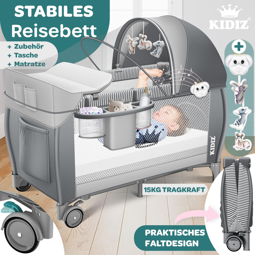 Kidiz® Babybett Reisebett Kinderreisebett klappbar mit Matratze & Räder 120x60, Seiteneingang, Wickelauflage, Moskitonetz & Tragetasche Baby Beistellbett Kinderbett ab Geburt bis 15 kg Grau