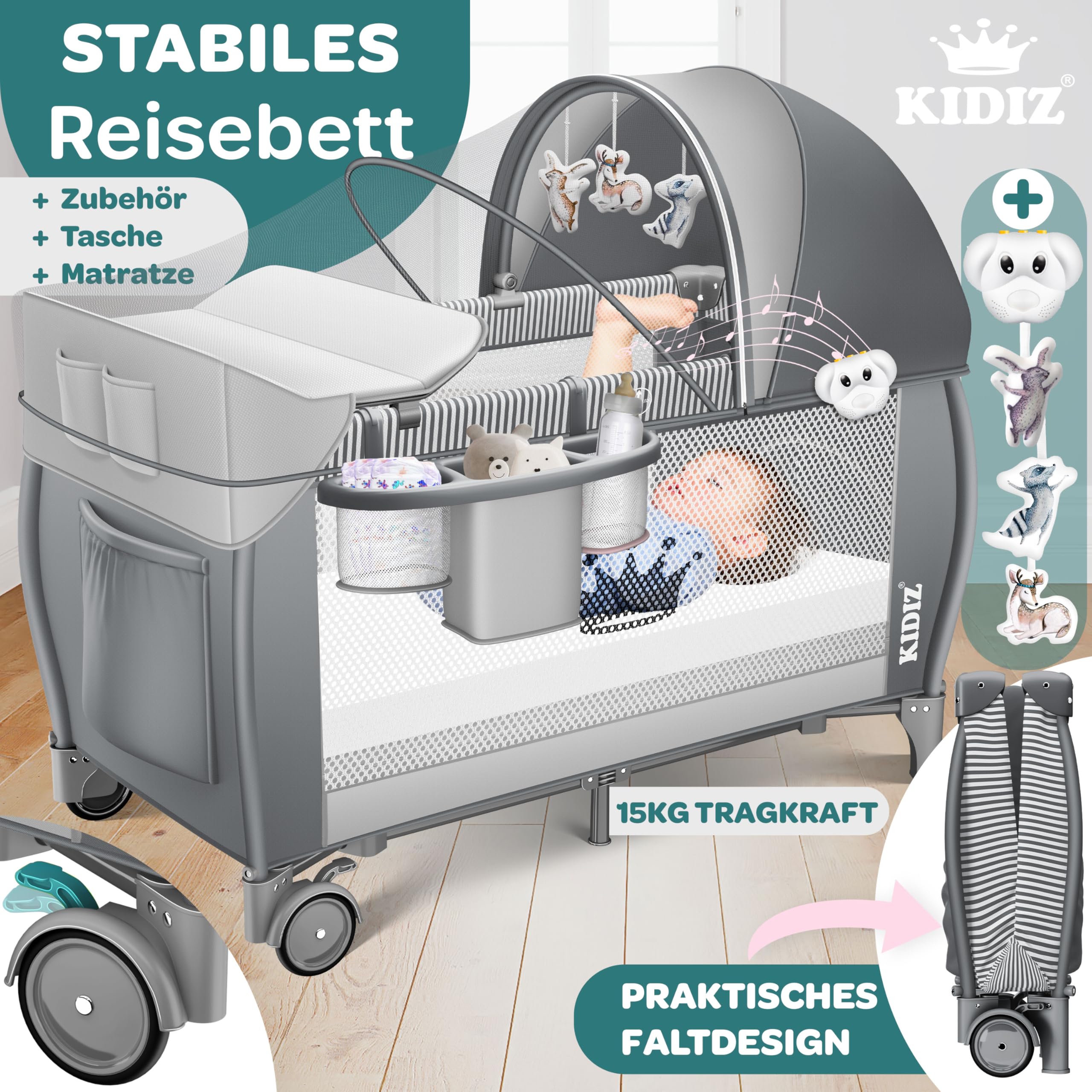 Kidiz® Babybett Reisebett Kinderreisebett klappbar mit Matratze & Räder 120x60, Seiteneingang, Wickelauflage, Moskitonetz & Tragetasche Baby Beistellbett Kinderbett ab Geburt bis 15 kg Grau