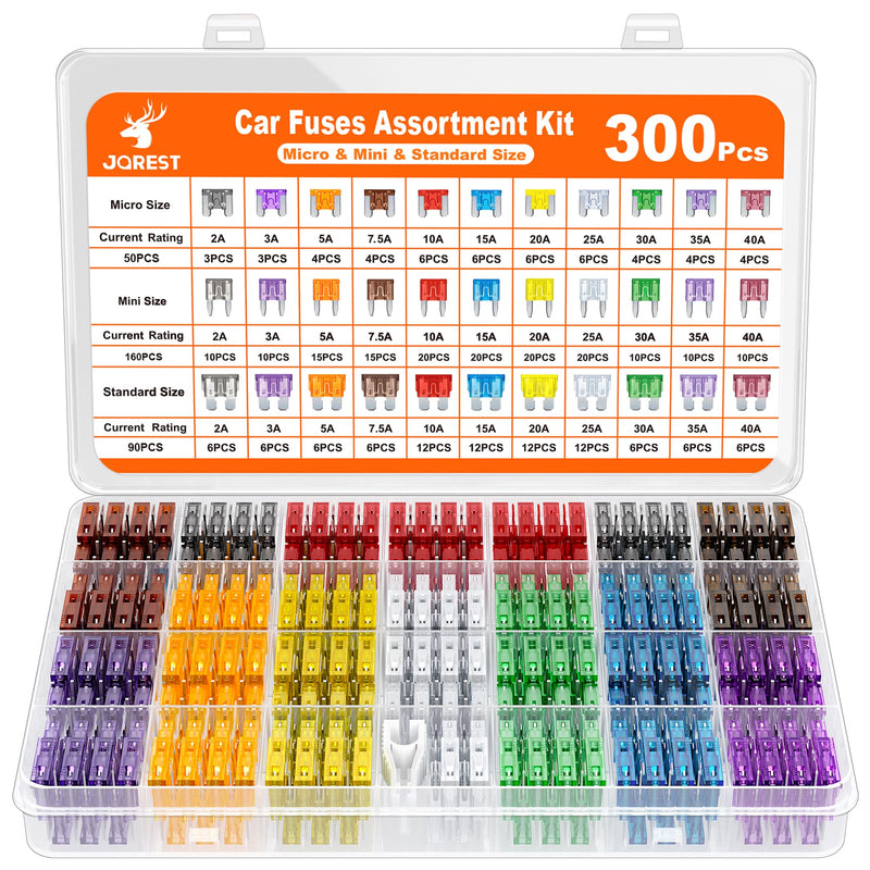 JOREST 300Pcs Kfz Sicherung Set, 160 Mini Flachsicherungen + 90 Standard Sicherungen + 50 Micro Sicherungen +1 Sicherungszieher - für PKW/Wohnmobil/LKW (2Ampere 3A 5A 7.5A 10A 15A 20A 25A 30A 35A 40A)
