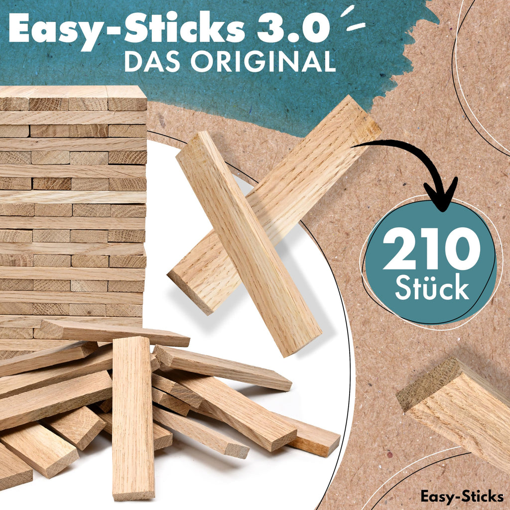 Easy-Sticks 3.0 Eiche – 210 Stück – Bastelholz OHNE Klebeband – Hölzchen für DIY Projekte und Deko – Hölzer zum Bauen und Verkleiden