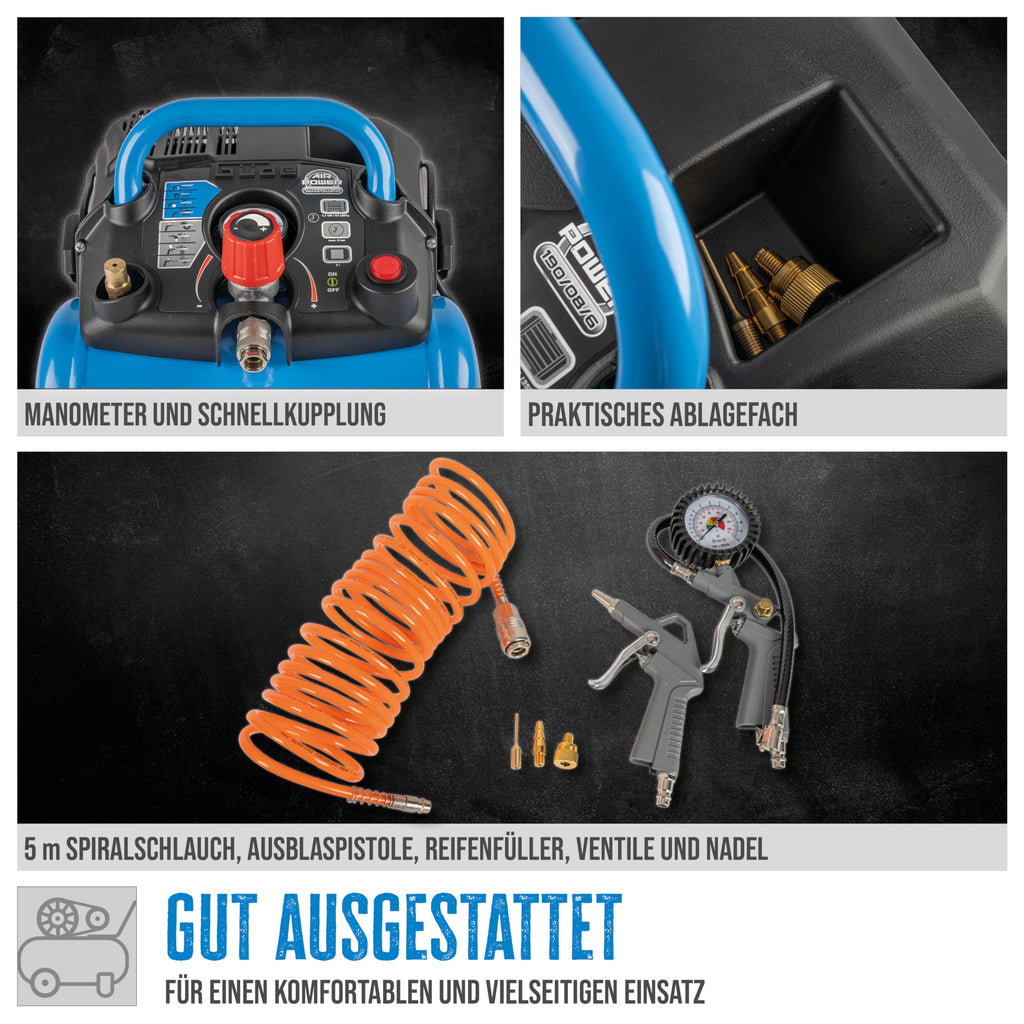 Güde Kompressor Airpower 190/08/6 (ölfrei, max. Druck 8 bar, Kessel 6 l, 1100 W, eff. Liefermenge 145 l/min, Druckminderer/Manometer/Kondensatablassschraube, inkl. 6-tlg. Zubehör, Testnote SEHR GUT)