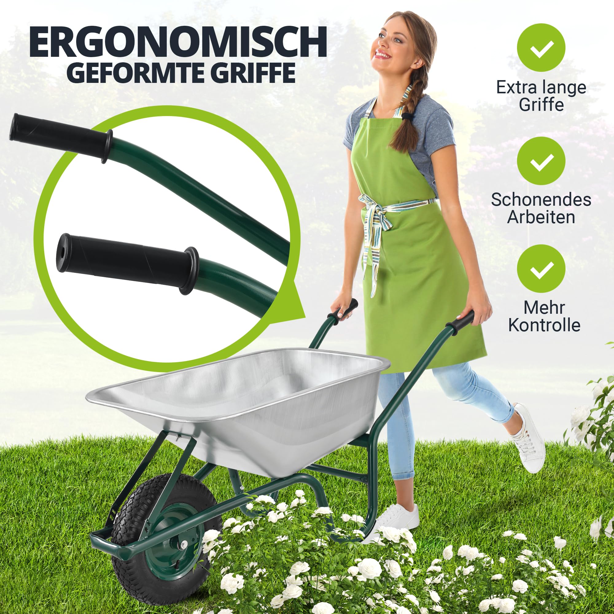 Juskys Schubkarre 100L, 210 kg – mit verzinkter Wanne, Luftreifen & Metall Felge, stabile Garten Schubkarre & Schiebkarre – Transportkarre Garden Silber