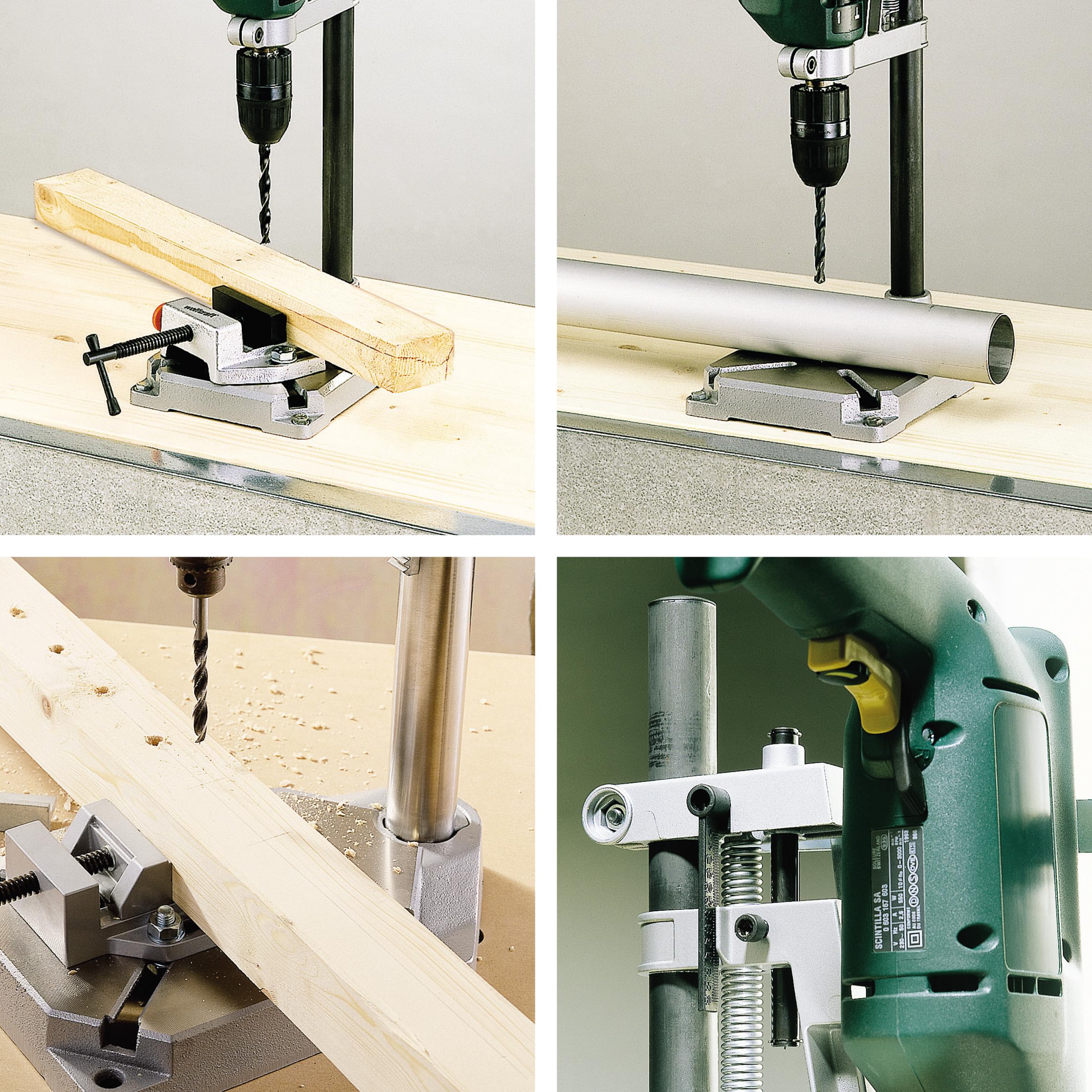 wolfcraft Bohrständer mit Schraubstock - 3406301 - praktisches Set zum exakten Bohren von Flächen, Rundmaterial, Leisten