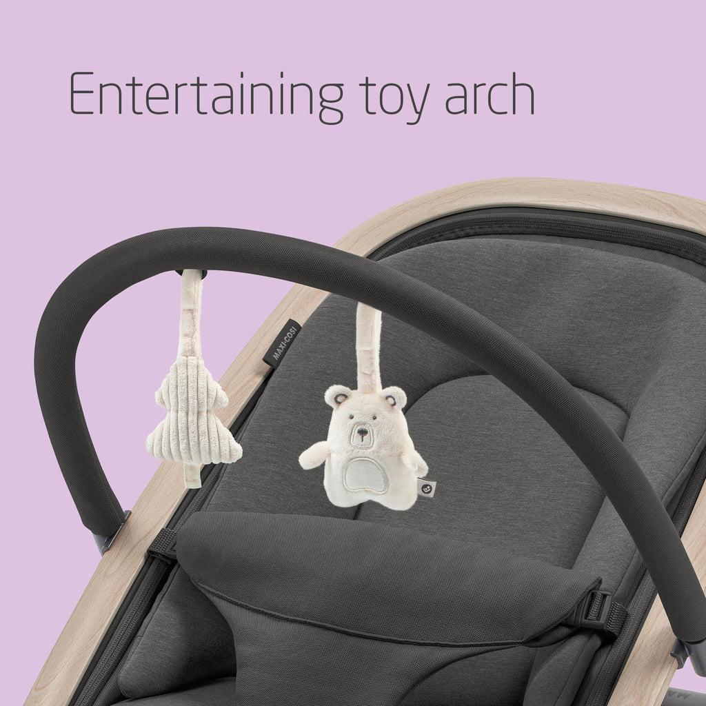 Maxi-Cosi KORI 2-in-1 Ergonomischer Babywippe mit Spielzeugbogen 0-2 Jahre bis 15 kg Neugeborenen Hüpfstuhl 3 Liegepositionen Easy-In Harness Leicht & Kompakt Neugeborenes Kissen Beyond Graphite