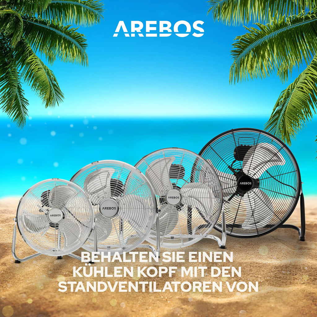 Arebos Bodenventilator Ø45 cm | Windmaschine Retro Stil | Ventilator | 3 Geschwindigkeitsstufen | hoher Luftdurchsatz | 100° einstellbarer Neigungswinkel | Chrom