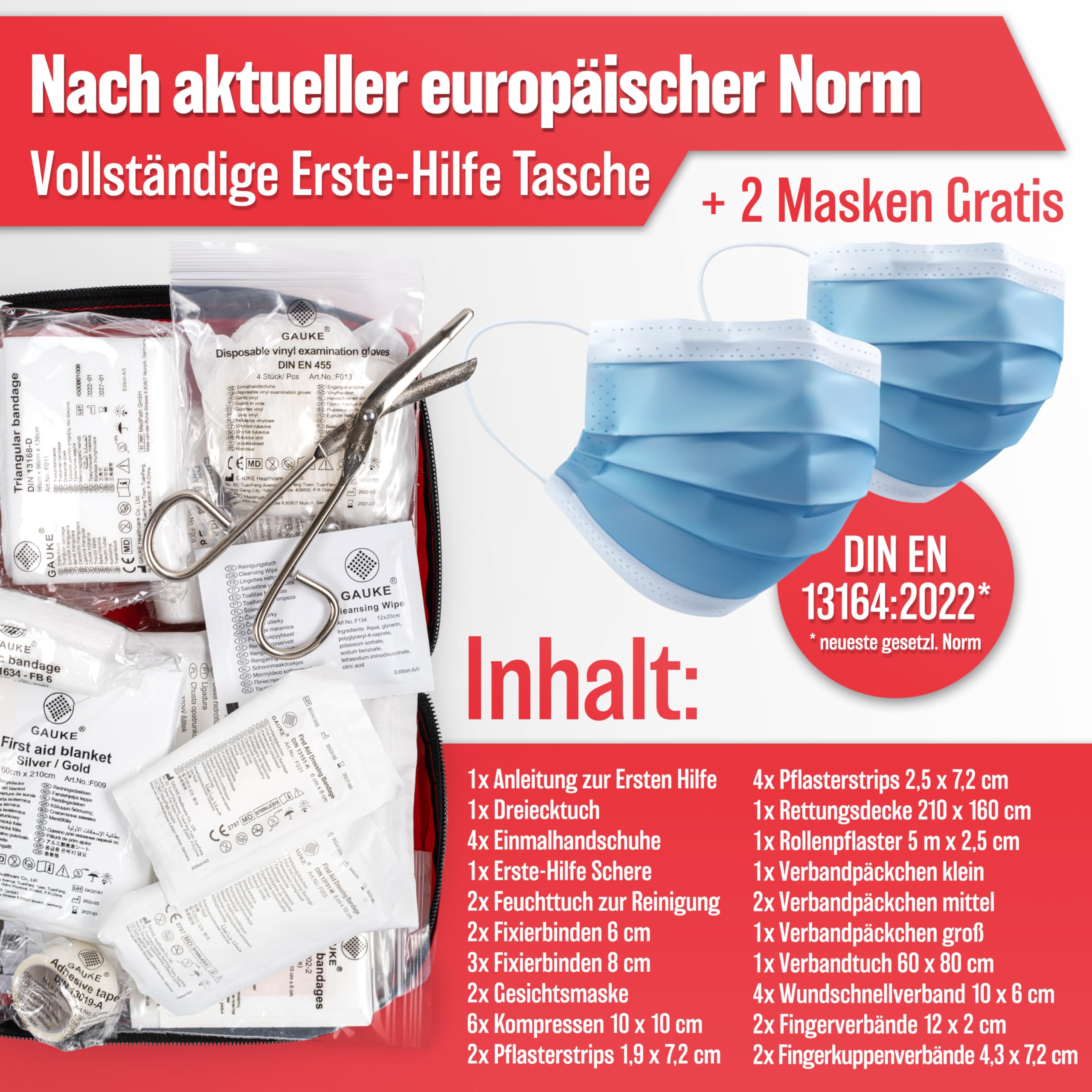HELDENWERK KFZ Verbandstasche nach aktueller Norm 2026 - Europaweit Nutzbar - Erste Hilfe Set Auto Verbandskasten DIN 13164:2022 (StVO konform)