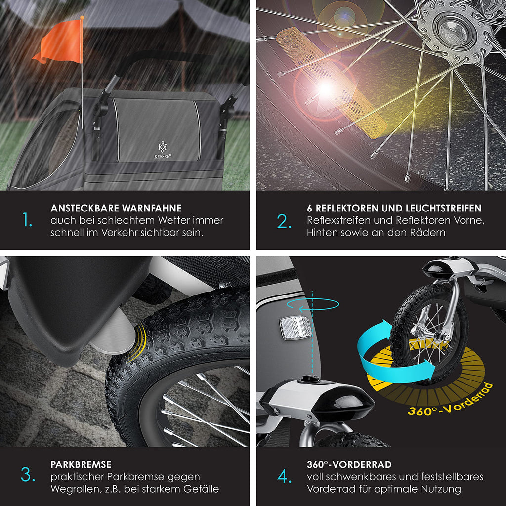 KESSER® Kinderanhänger Fahrradanhänger 360° Drehbar mit Federung 2in1 Joggerfunktion Kinderfahrradanhänger + 5-Punkt Gurt Jogger Fahrrad Anhänger für 1 bis 2 Kinder max. 40kg Inkl. Warnfahne Hellgrau