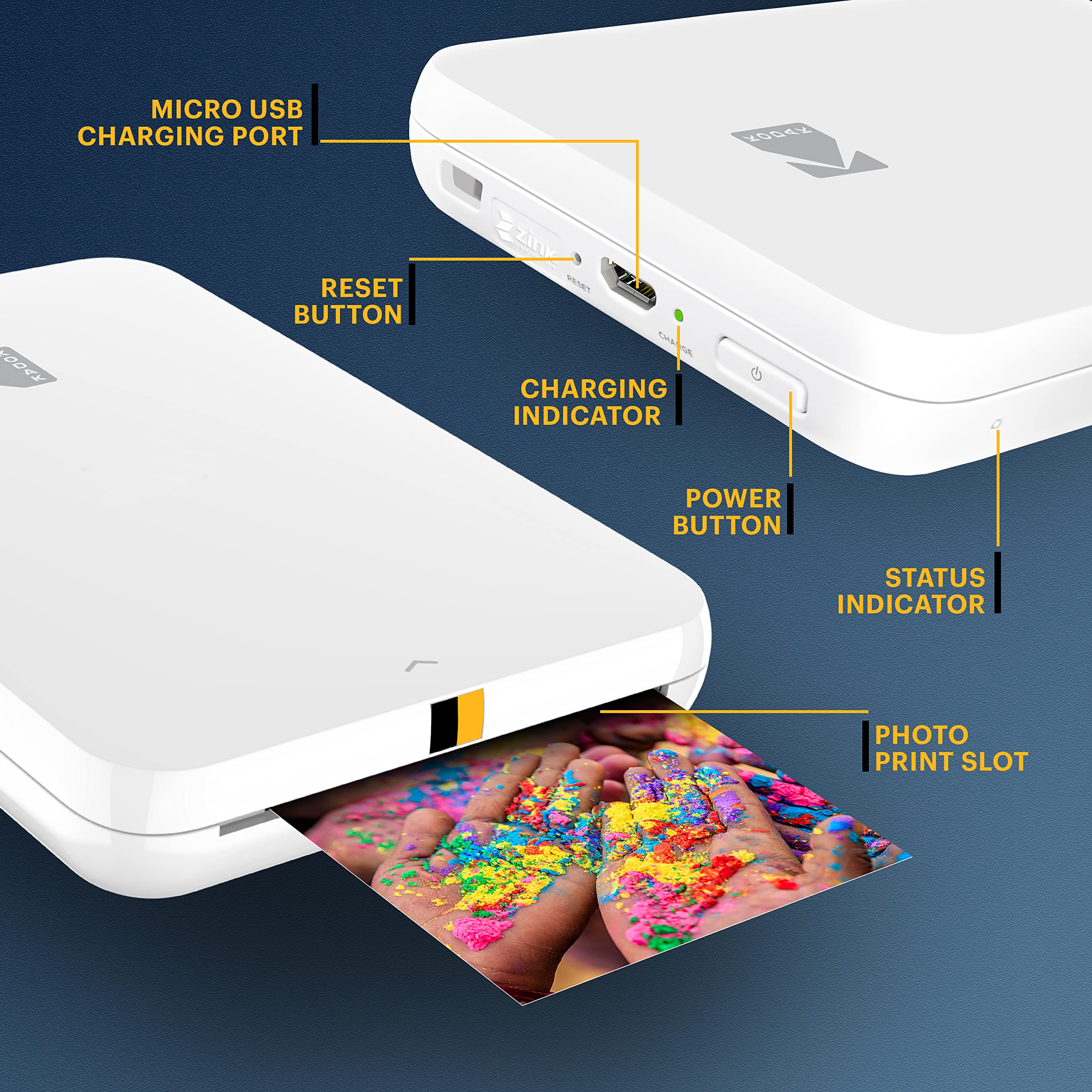 KODAK Step Slim Sofort-Smartphone-Fotodrucker - Tragbarer schlanker Farb-Mobilfotodrucker - Zink 2x3” Klebefotos - Drucken von iOS- & Android-Geräten via Bluetooth mit der Fun-App - Weiß
