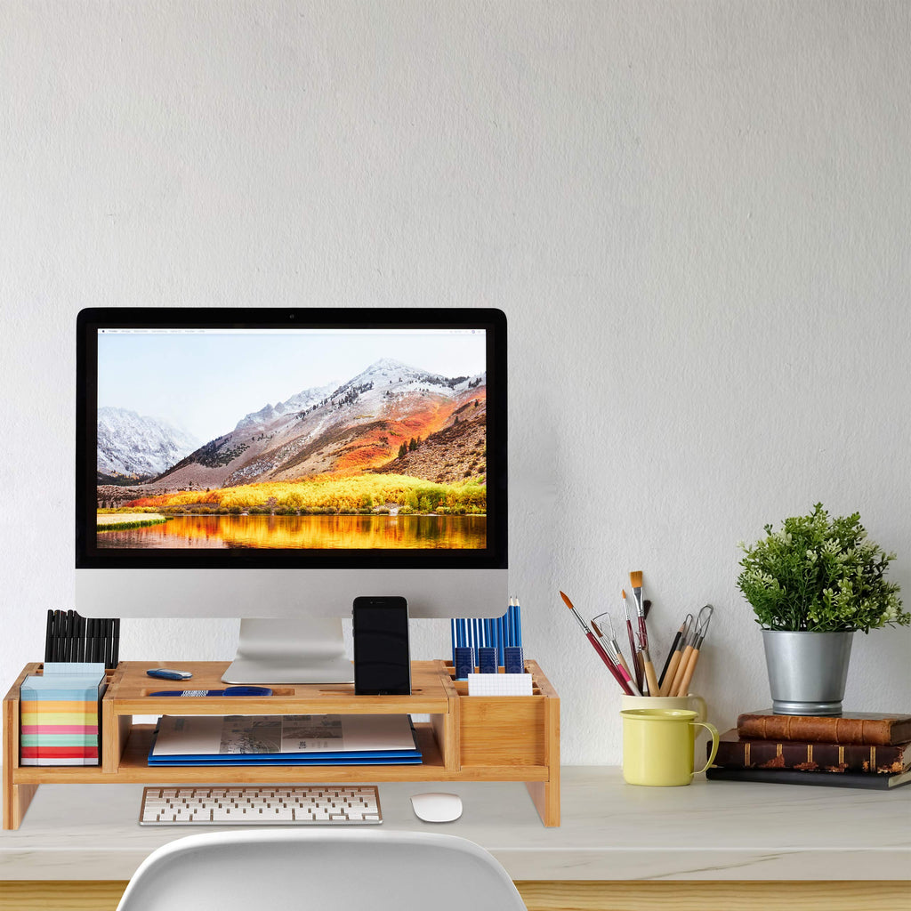 Relaxdays Monitorständer, Bildschirmständer aus Bambus, 14 Fächer, ergonomischer Monitorerhöher, HBT 15x65x28 cm, natur, Braun