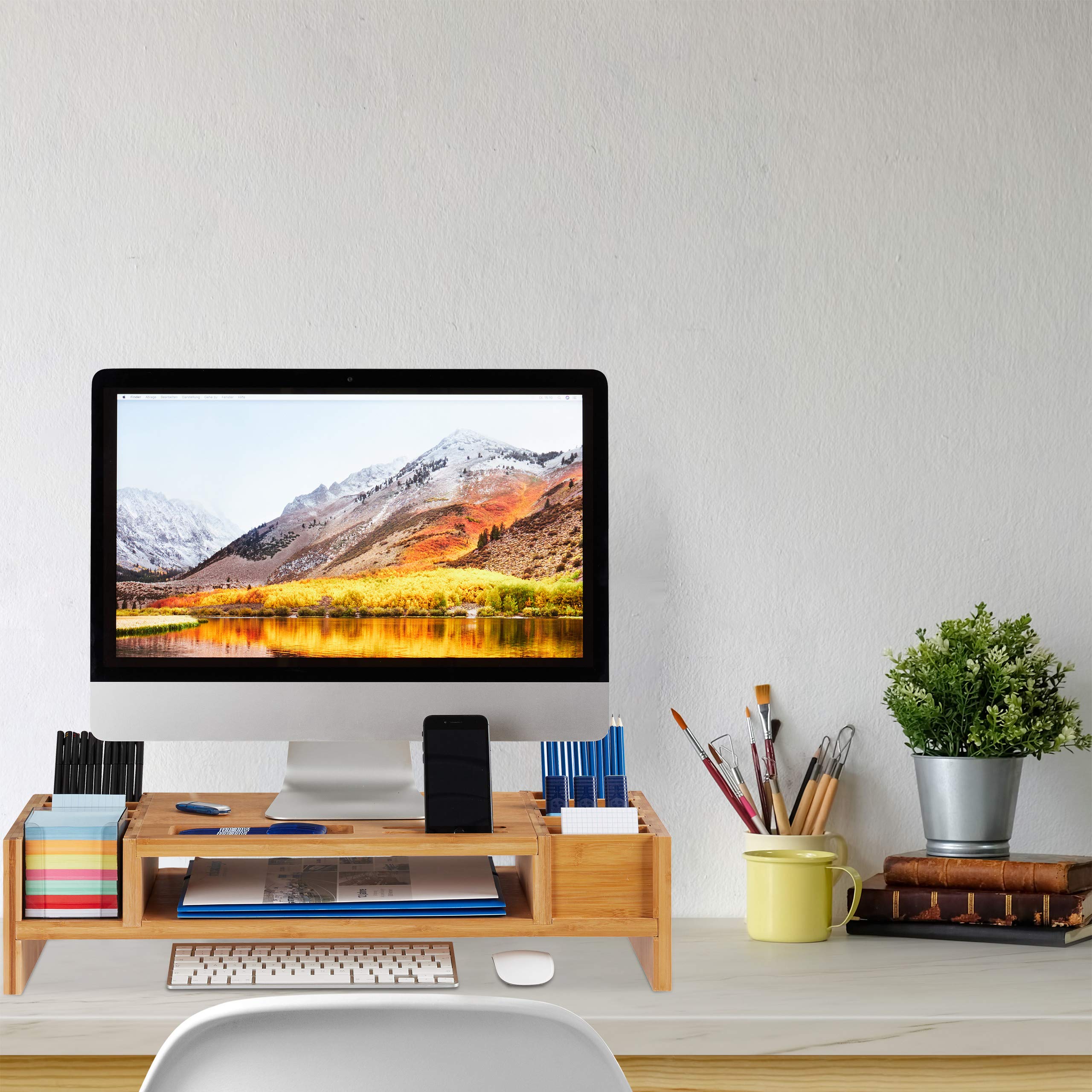 Relaxdays Monitorständer, Bildschirmständer aus Bambus, 14 Fächer, ergonomischer Monitorerhöher, HBT 15x65x28 cm, natur, Braun