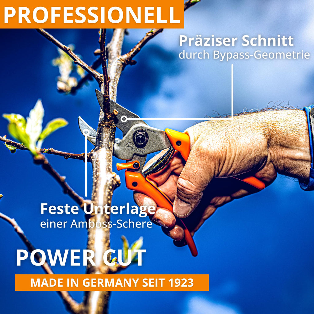 Original LÖWE 8 Profi Amboss Gartenschere 8.107 mit Bypass Geometrie - scharfe handliche Schere mit Stahl-Klinge Antihaftbeschichtung und ergonomisch geformte Griffe für Schneidarbeiten im Garten