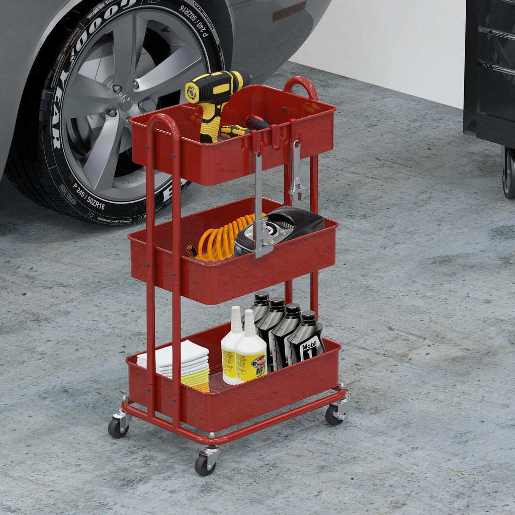 Simple Houseware Hochleistungs-Rollwagen mit 3 Ebenen aus Metall, Rot