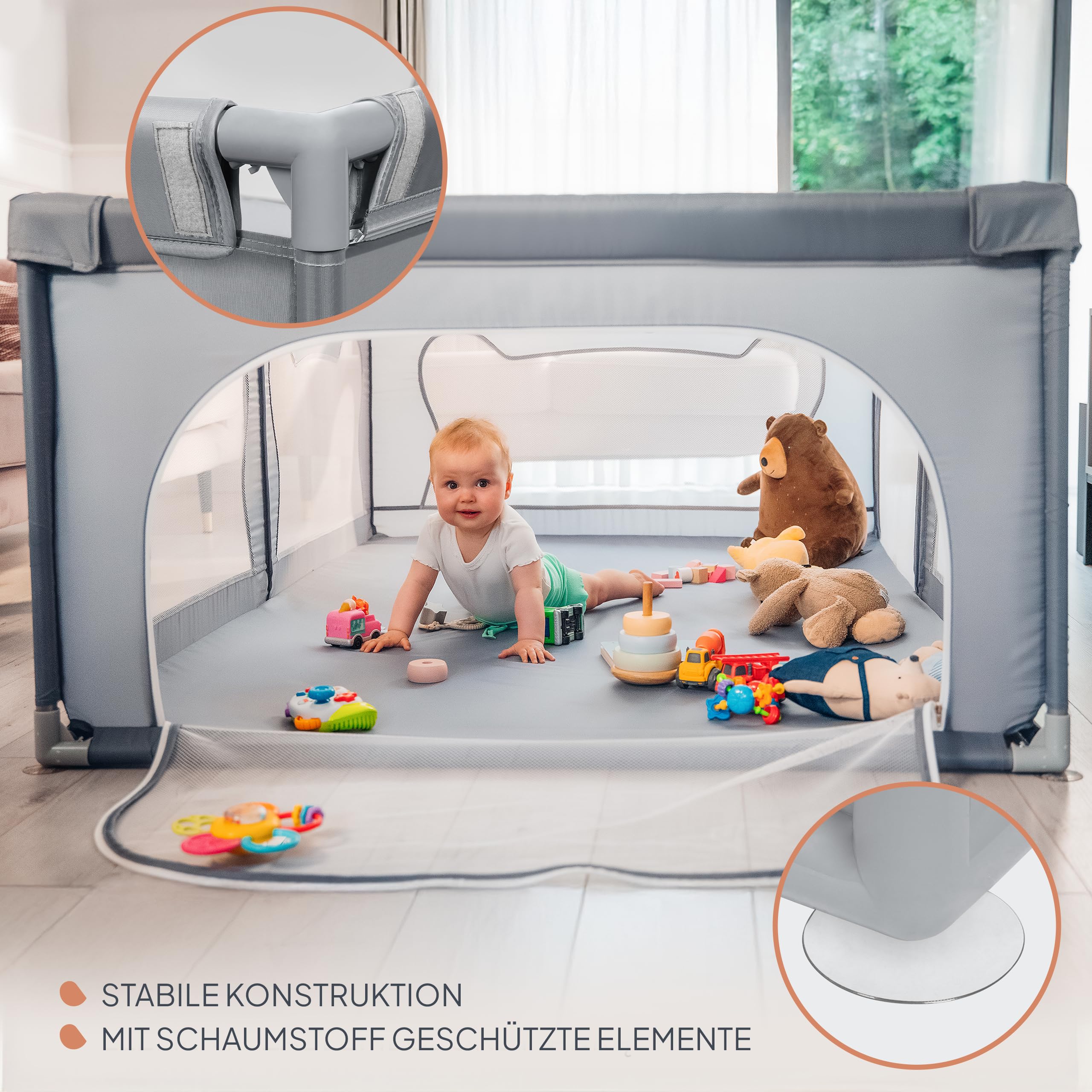 LIONELO WILLOW Laufgitter Baby, ab 0-48 Monaten große Fläche 120 cm x 180 cm x 68 cm mit Seitenwände aus atmungsaktiven, strapazierfähigem Netzstoff, 2 Seitliche Eingänge mit einem Reißverschluss