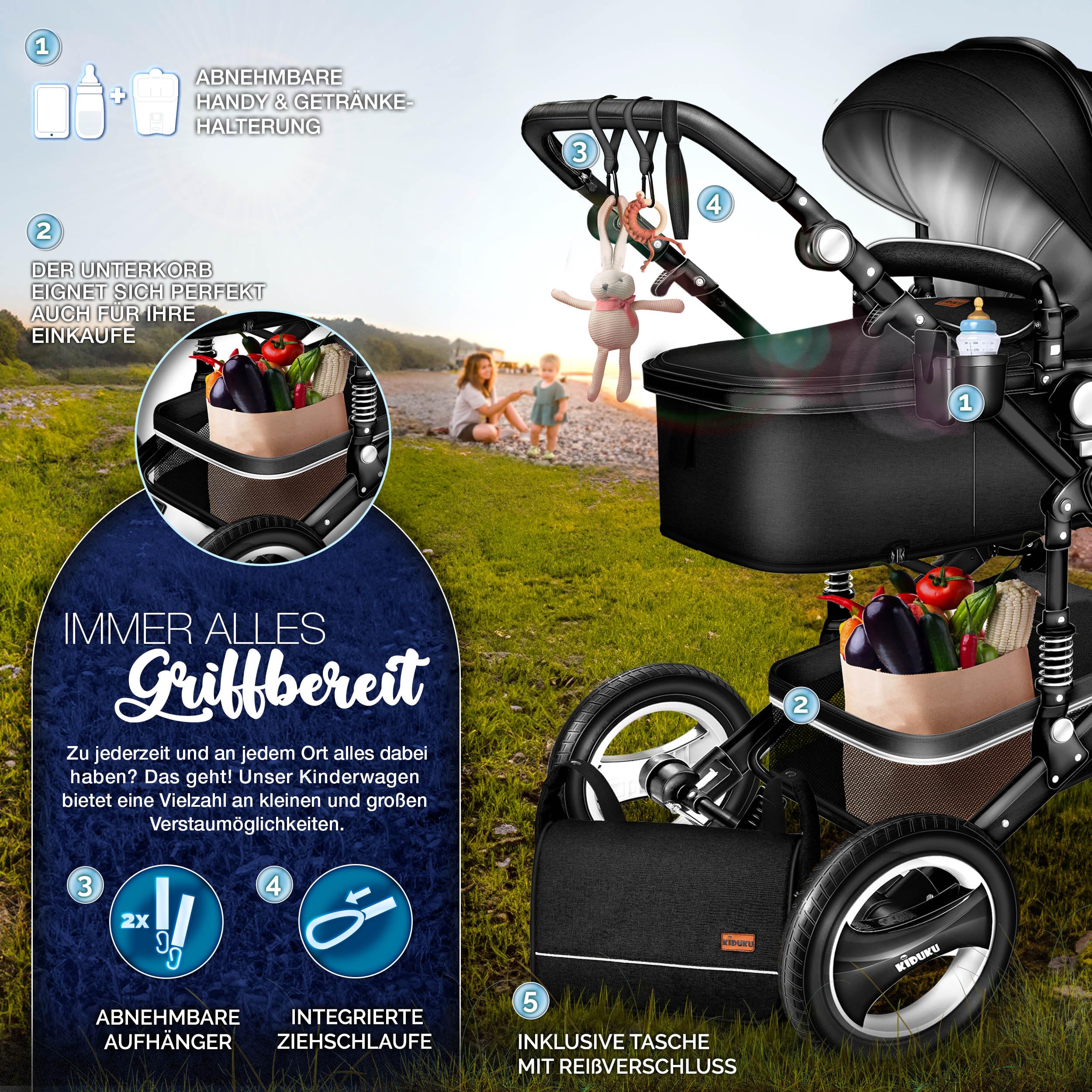 KIDUKU® 3 in 1 Kinderwagen XXL Komplettset | Kombikinderwagen Set inkl. Babywanne Buggy Sportsitz & Auto-Babyschale Fußsack | Vollgummireifen Wickeltasche Handwärmer Regenschutz Kindertisch ECE R129
