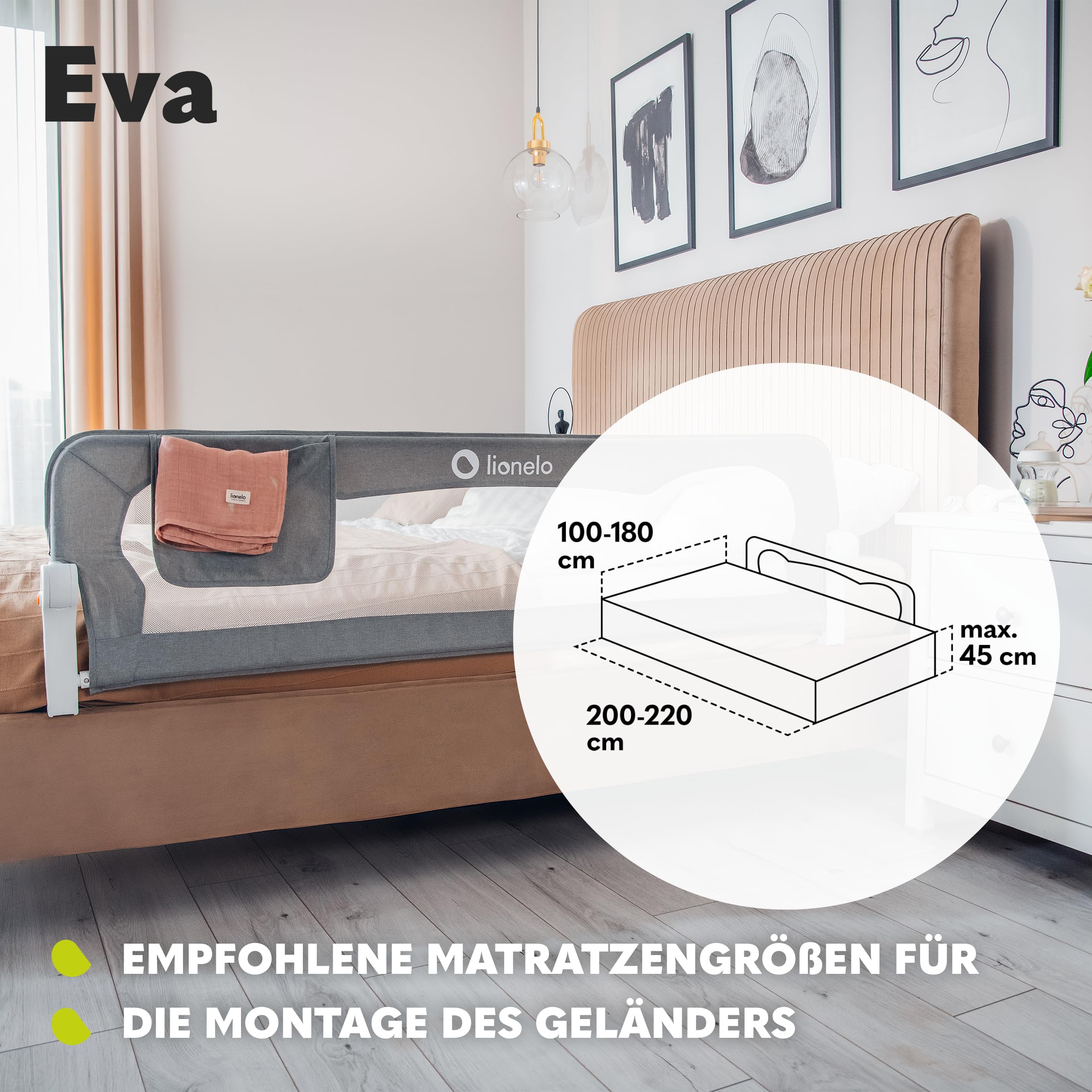 Lionelo Eva Rausfallschutz Bett Rausfallschutz Kinderbett, Bettgitter, Bettschutzgitter, luftiges Netz, zusammenklappbar um 180 Grad, einfache Montage, 150 cm lang