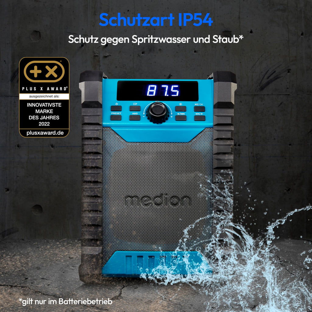 MEDION E65895 Baustellenradio mit Akku (Robustes Gehäuse, Tragegriff, Bluetooth, Spritzwassergeschützt (IP54), UKW Radio, AUX) grün
