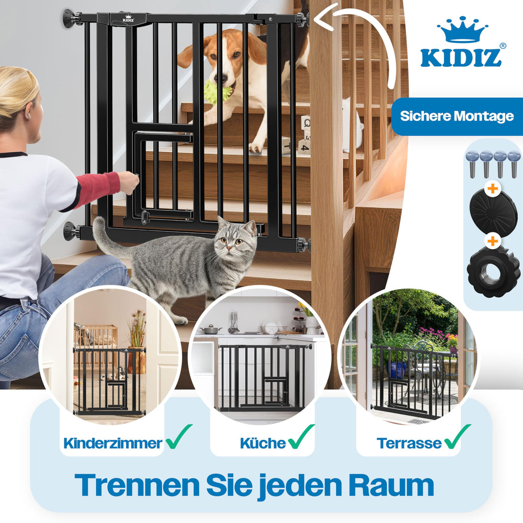 KIDIZ Absperrgitter zum Klemmen mit Katzenklappe, Türschutzgitter, Autoclose Kinder Treppengitter ohne Bohren | 90° Stopp Schutz, schwenkbar, Treppenschutzgitter, Schwarz, Breite: 81-87 cm