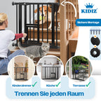 KIDIZ Absperrgitter zum Klemmen mit Katzenklappe, Türschutzgitter, Autoclose Kinder Treppengitter ohne Bohren | 90° Stopp Schutz, schwenkbar, Treppenschutzgitter, Schwarz, Breite: 74-80 cm