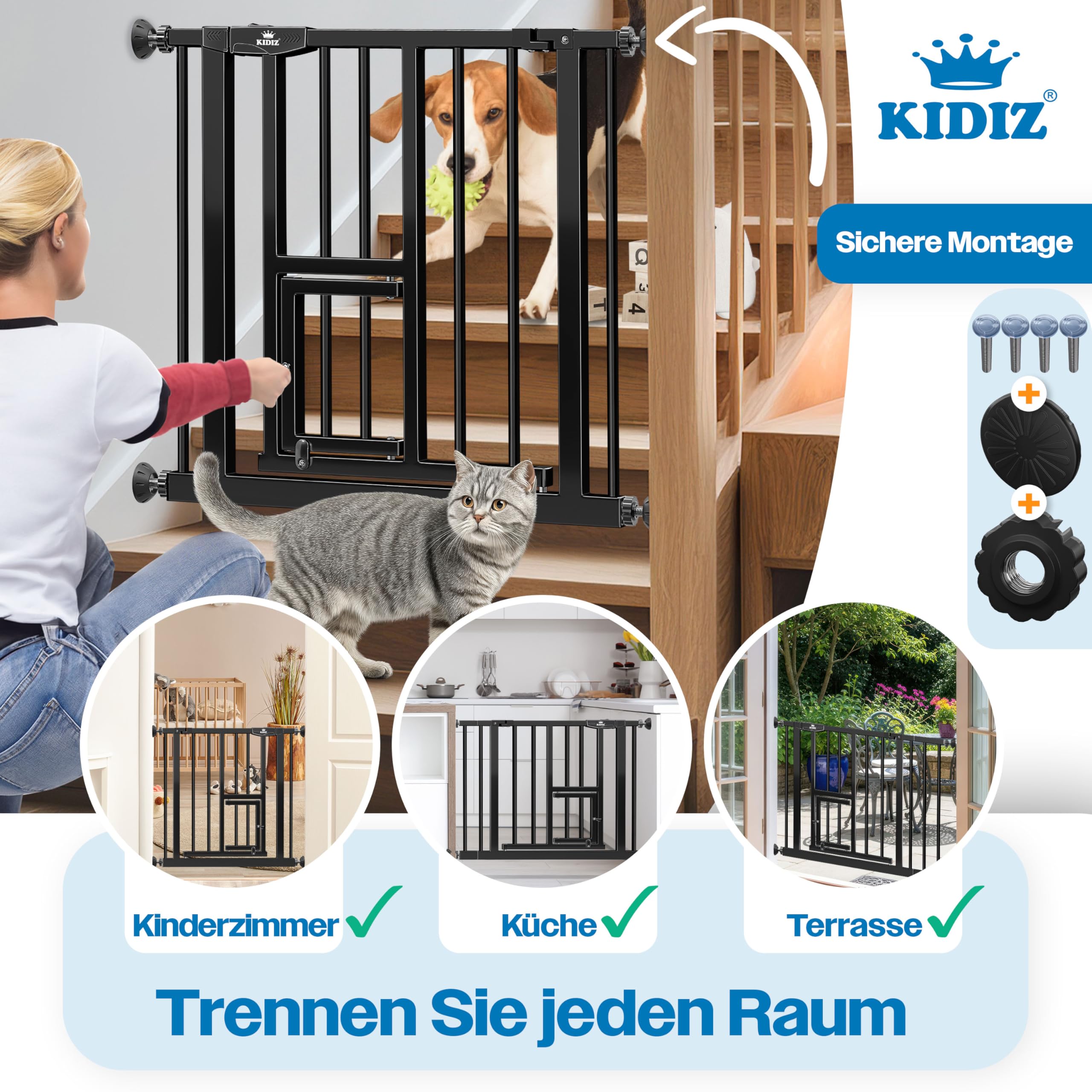 KIDIZ Absperrgitter zum Klemmen mit Katzenklappe, Türschutzgitter, Autoclose Kinder Treppengitter ohne Bohren | 90° Stopp Schutz, schwenkbar, Treppenschutzgitter, Schwarz, Breite: 74-80 cm