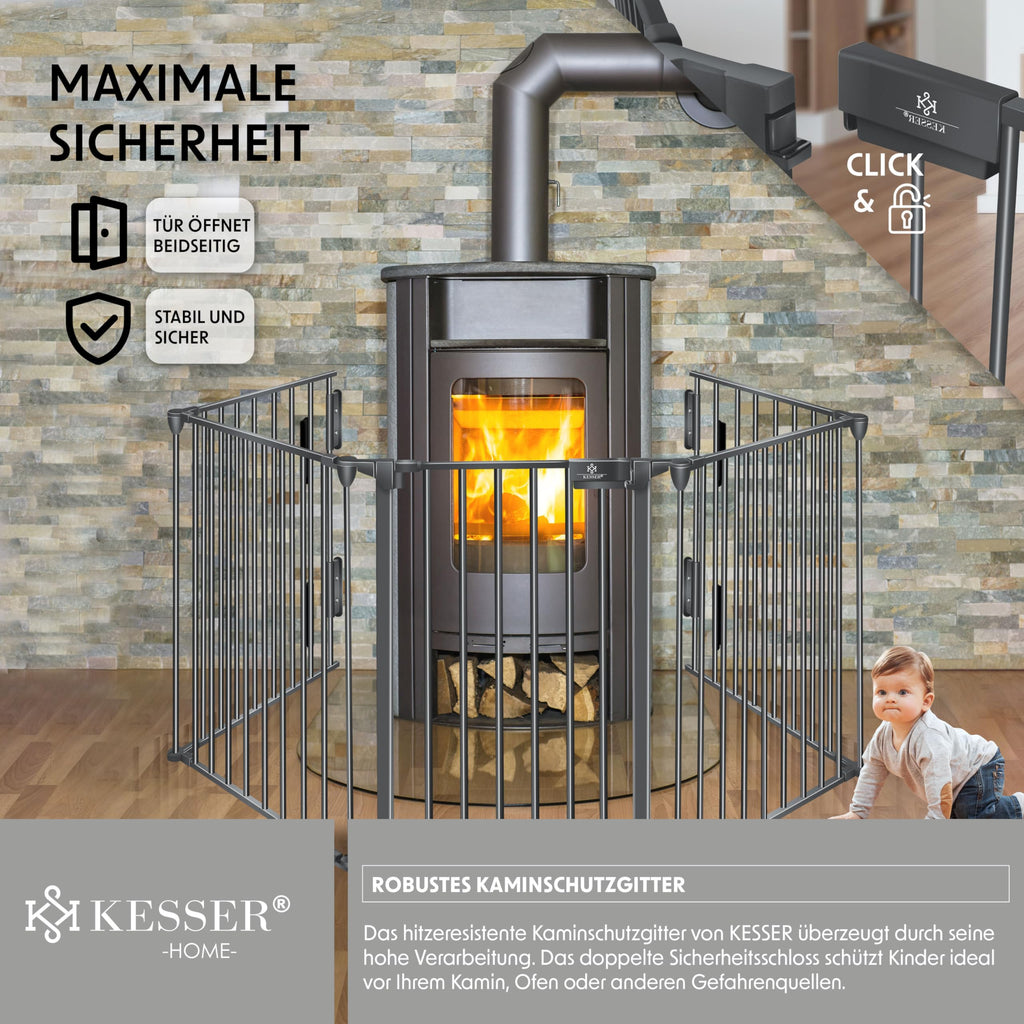 KESSER® Kaminschutzgitter mit Tür 480 cm Metall Ofenschutzgitter Laufgitter Laufstall Absperrgitter Tierschutzgitter Türschutzgitter für Kinder-Sicherung, 8-teilig Elemente (je 60 x 75 cm) Anthrazit