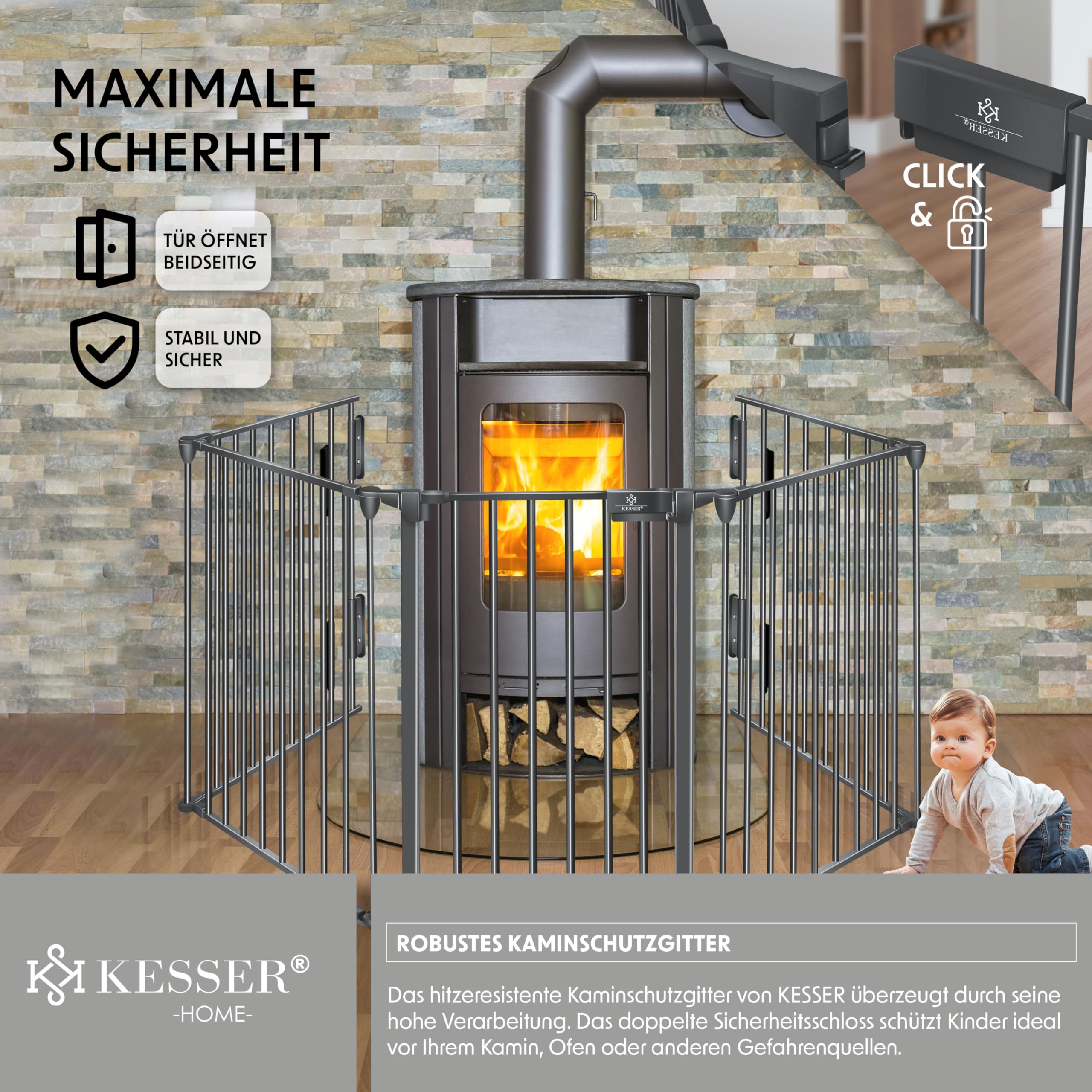 KESSER® Kaminschutzgitter mit Tür 600 cm Metall Ofenschutzgitter Laufgitter Laufstall Absperrgitter Tierschutzgitter Türschutzgitter für Kinder-Sicherung, 10-teilig Elemente (je 60 x 75 cm) Anthrazit