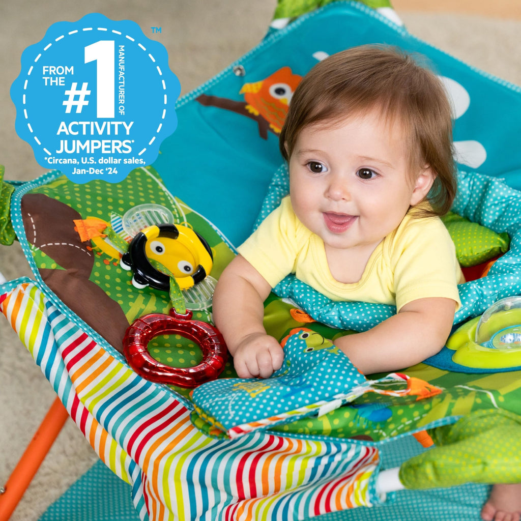 Bright Starts Pop 'N Jump Faltbarer Aktivitäts-Jumperoo, Tragbares Aktivitätscenter für Babys, UPF 50+ Sonnendach, 4 Sensorische Spielzeuge, Reisetasche, 6-12 Monate