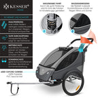 KESSER® Kinderanhänger Fahrradanhänger 360° Drehbar mit Federung 2in1 Joggerfunktion Kinderfahrradanhänger + 5-Punkt Gurt Jogger Fahrrad Anhänger für 1 bis 2 Kinder max. 40kg Inkl. Warnfahne Hellgrau