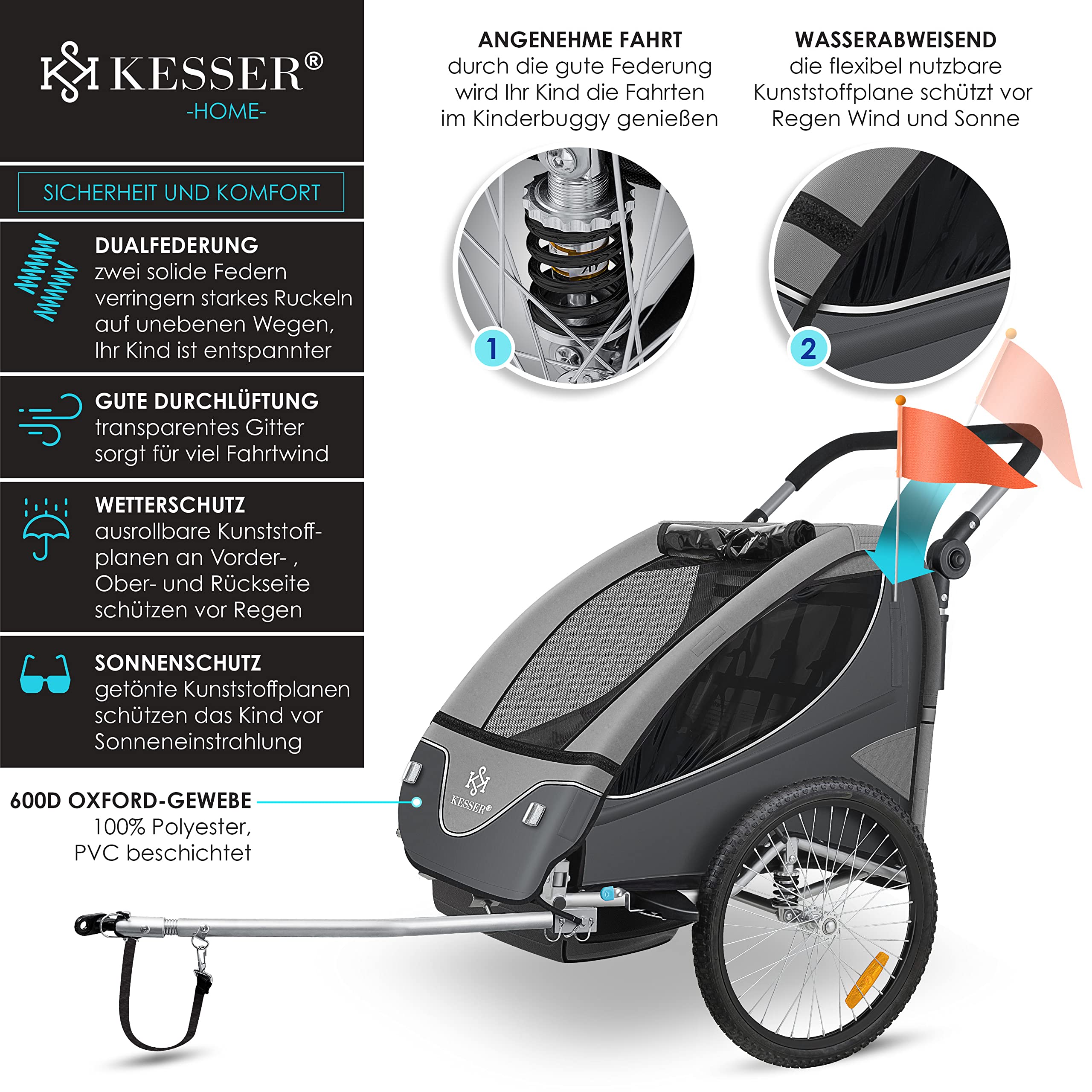 KESSER® Kinderanhänger Fahrradanhänger 360° Drehbar mit Federung 2in1 Joggerfunktion Kinderfahrradanhänger + 5-Punkt Gurt Jogger Fahrrad Anhänger für 1 bis 2 Kinder max. 40kg Inkl. Warnfahne Hellgrau