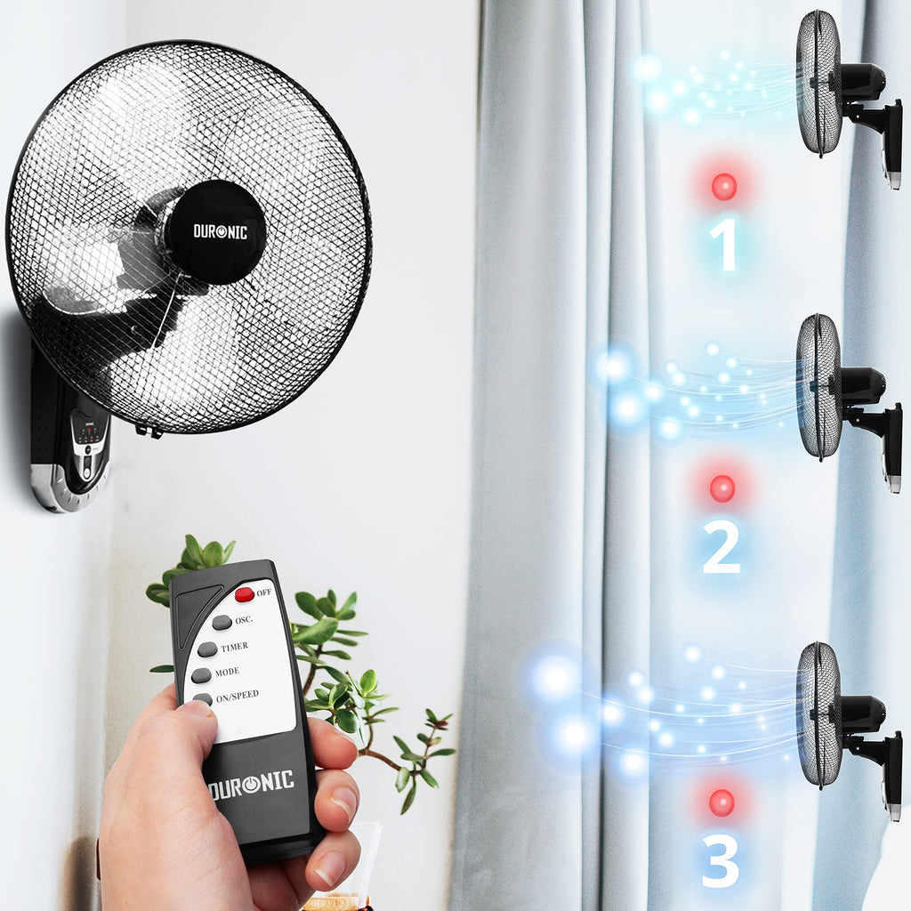 Duronic FN55 BK Wandventilator 60W | Durchmesser 40 cm | Ventilator mit Timer und Fernbedienung | 3 Geschwindigkeiten | Kompakter und leiser Raumventilator für die Wand | Oszillierender Wandlüfter