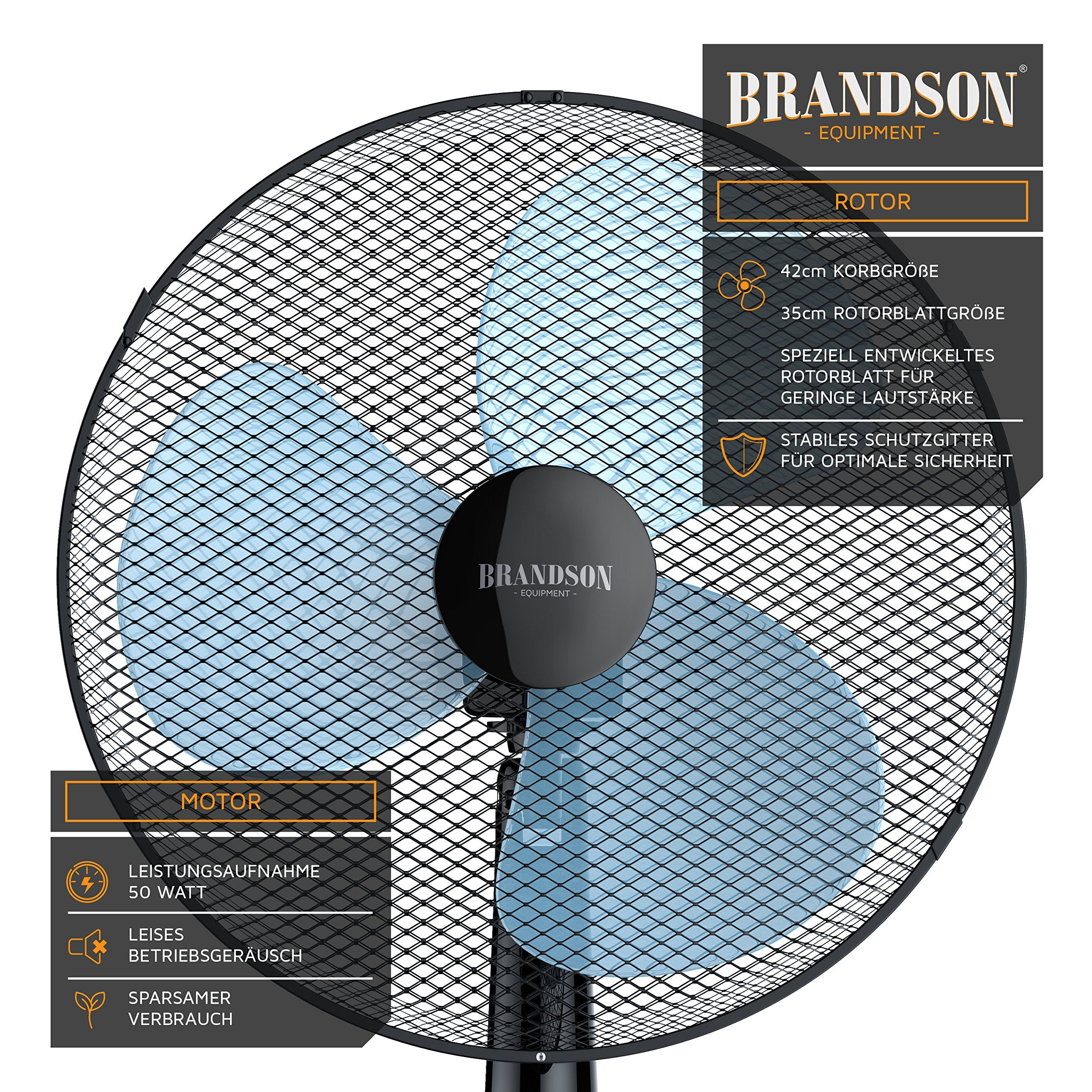Brandson - Standventilator 40cm - Preisträger 2025 - Ventilator höhenverstellbar bis 122 cm - mobiler Lüfter, hoher Luftdurchsatz, 3 Geschwindigkeitsstufen, Oszillationsfunktion 80°