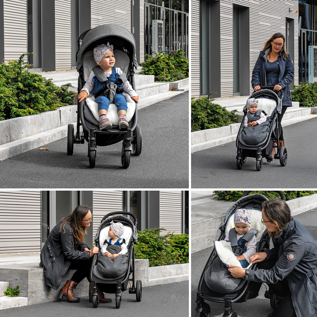 Zamboo Universal Fußsack für Babyschale, Kinderwagen Wanne und Buggy - 2in1 Winterfußsack und Sitzauflage aus kuscheligem Fleece, Baby Fusssack mit Tasche - Grau
