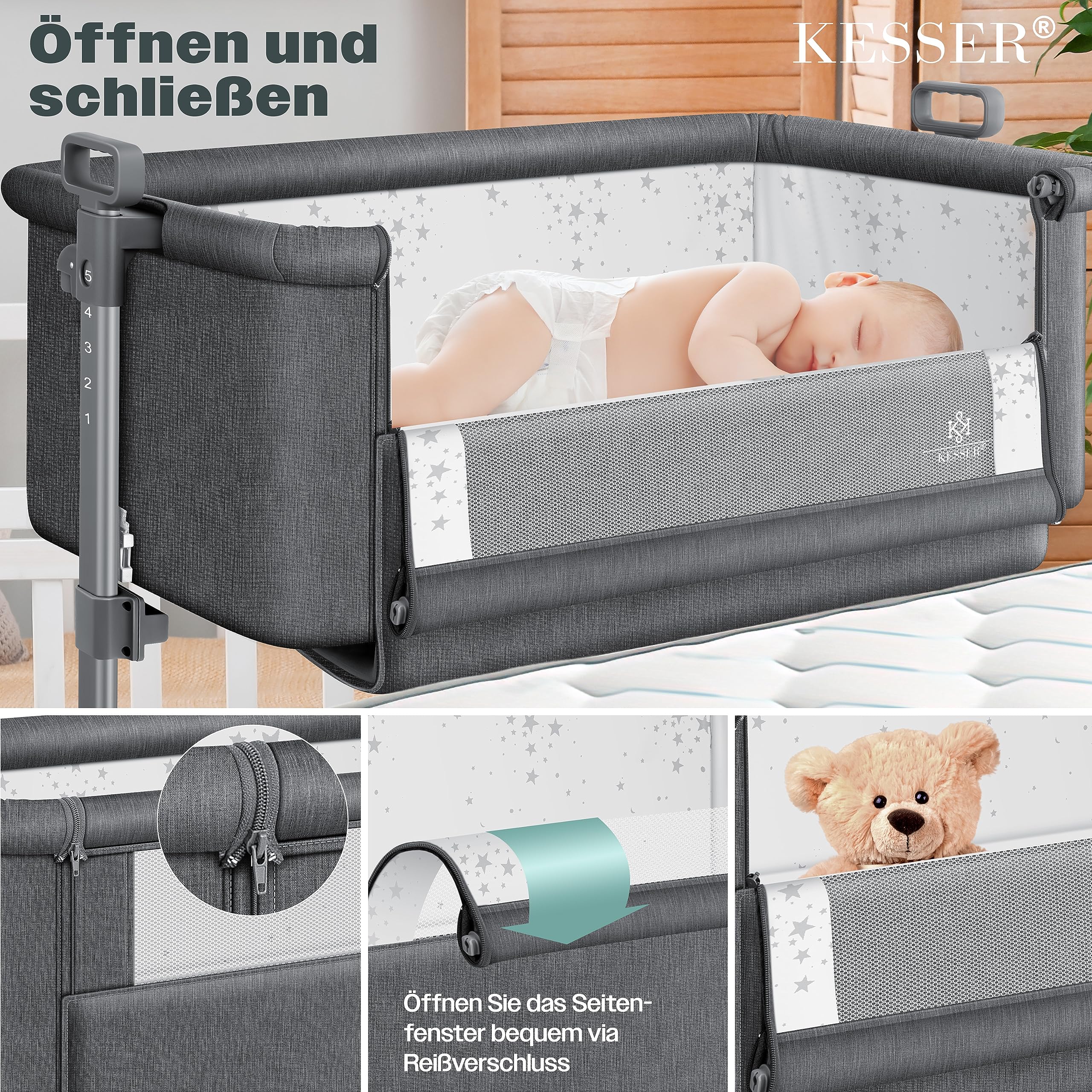 KESSER® Zustellbett Hubi 3in1 Baby Beistellbett Reisebett Babybett mit weich Matratze mit Rollen Kinderbett 5Fach Höhenverstellung Faltbare Seitenwand für Zuhause und Unterwegs + Spanngurt Dunkelgrau